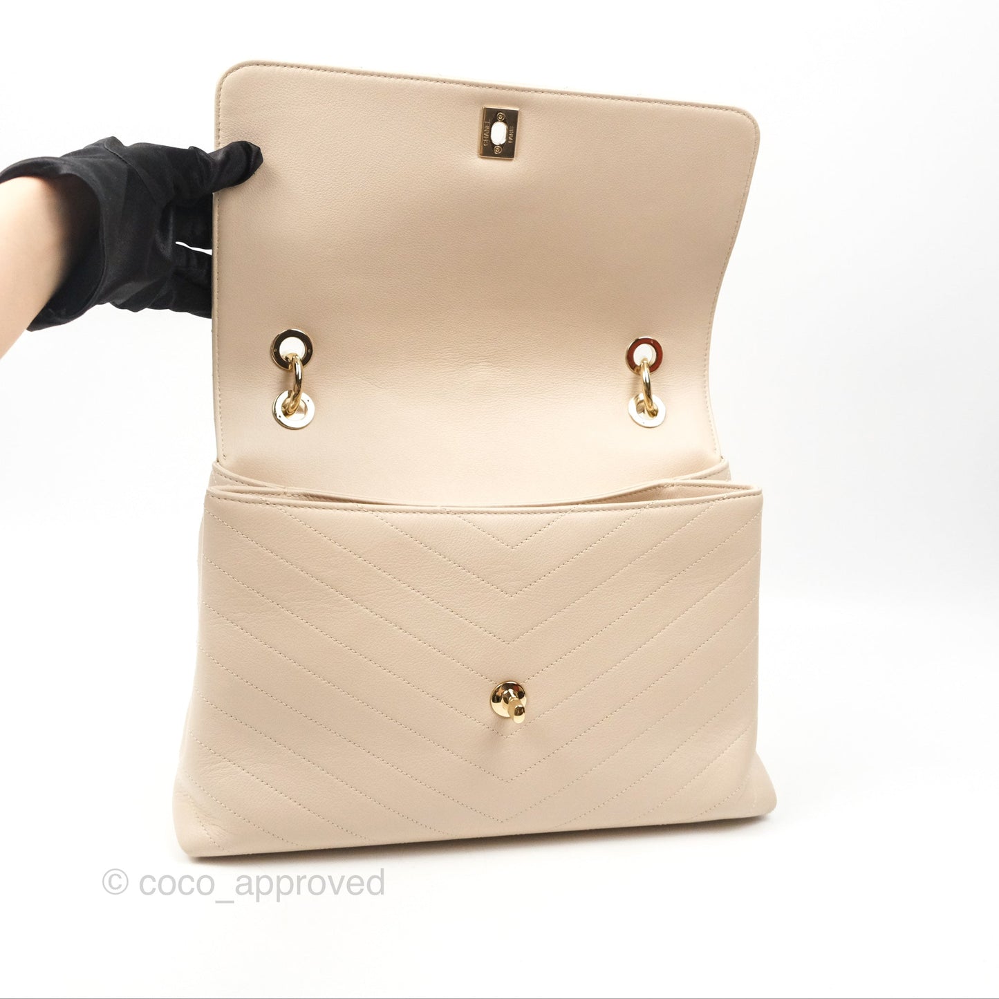 Chanel Large Chevron Chic Top Handle Bag Light Beige Grained Calfskin Gold Hardware