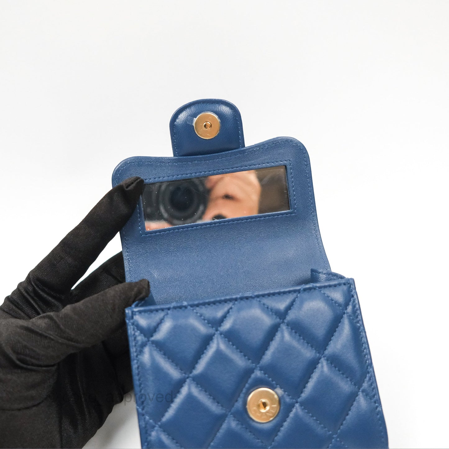 Chanel Mini Handle Clutch With Chain Navy Lambskin Gold Hardware