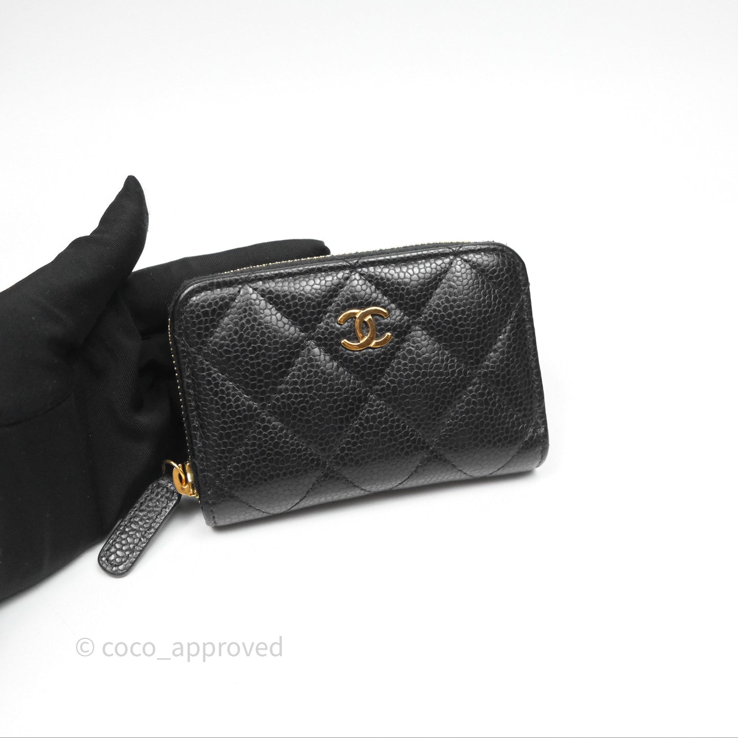 Chanel Quilted Zip Card Holder Black Caviar Gold Hardware