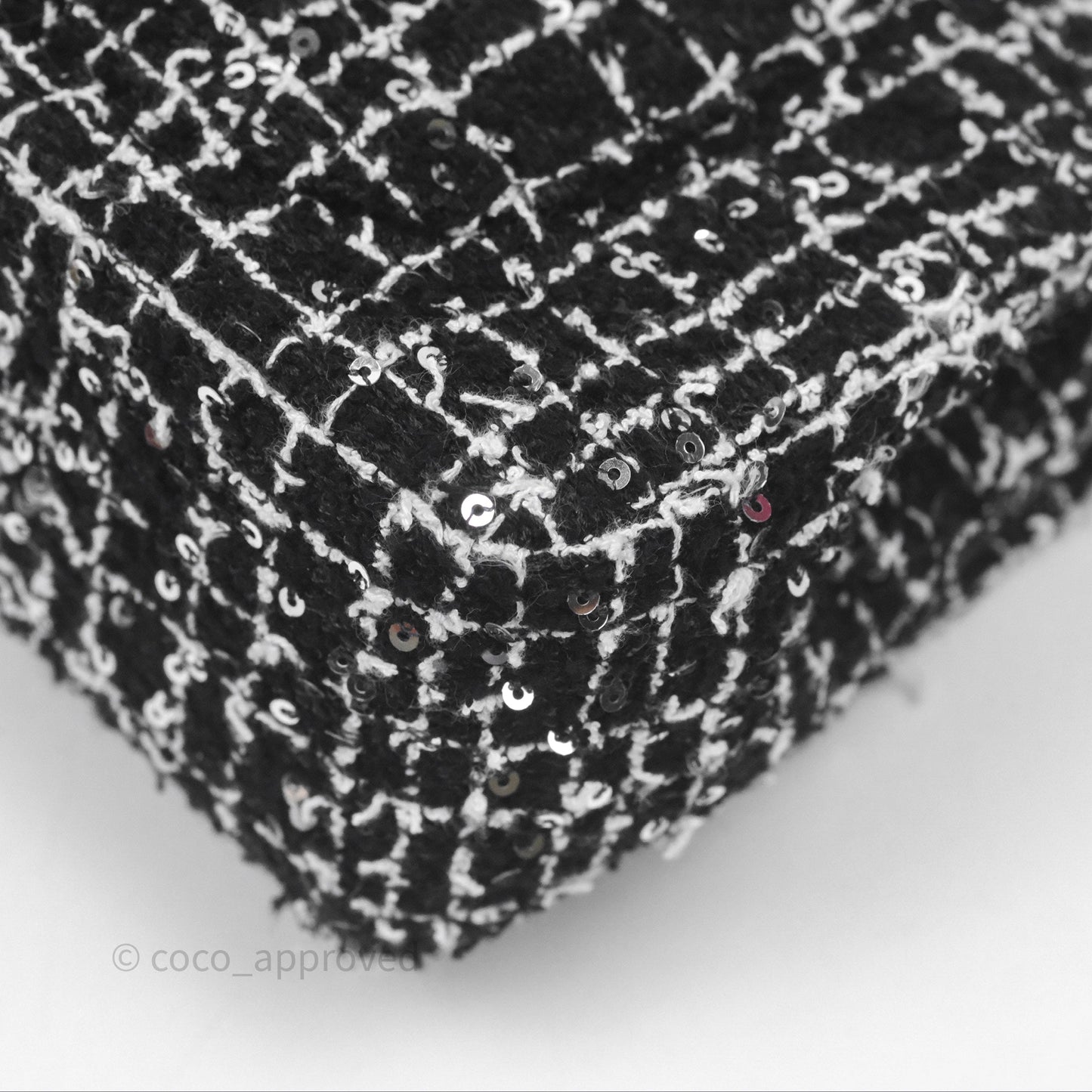 Chanel Top Handle Mini Rectangular Flap Black/ White Sequin Tweed Gold Hardware 24P