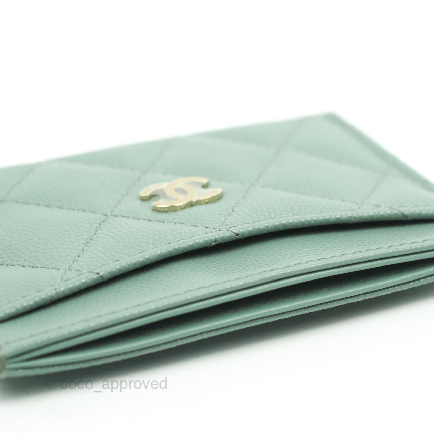 Chanel Classic Flat Card Holder Blue Tiffany Green Caviar Gold Hardware
