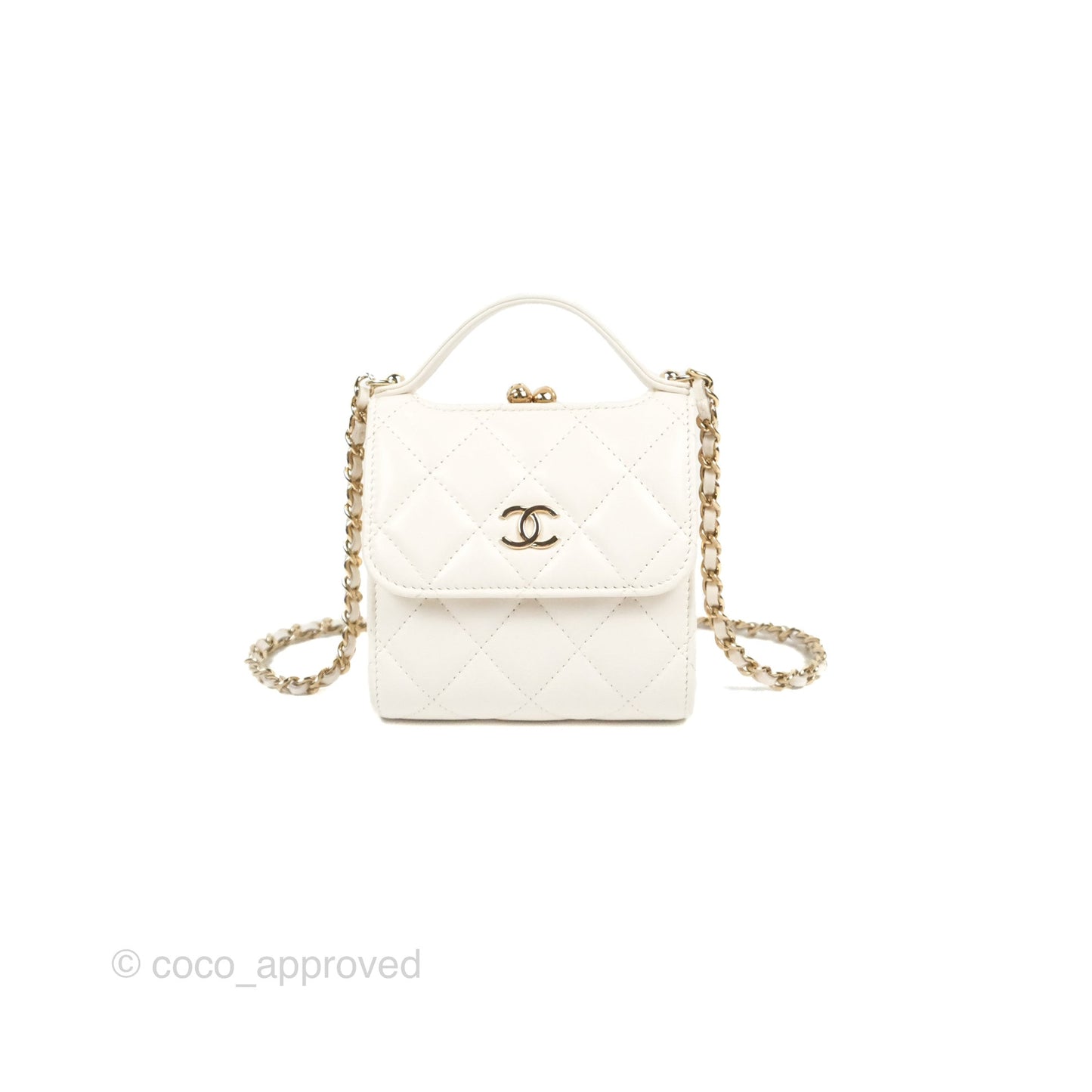 Chanel Coin Purse Clutch With Chain White Lambskin Gold Hardware