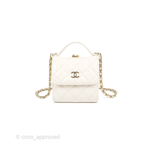 Chanel Coin Purse Clutch With Chain White Lambskin Gold Hardware