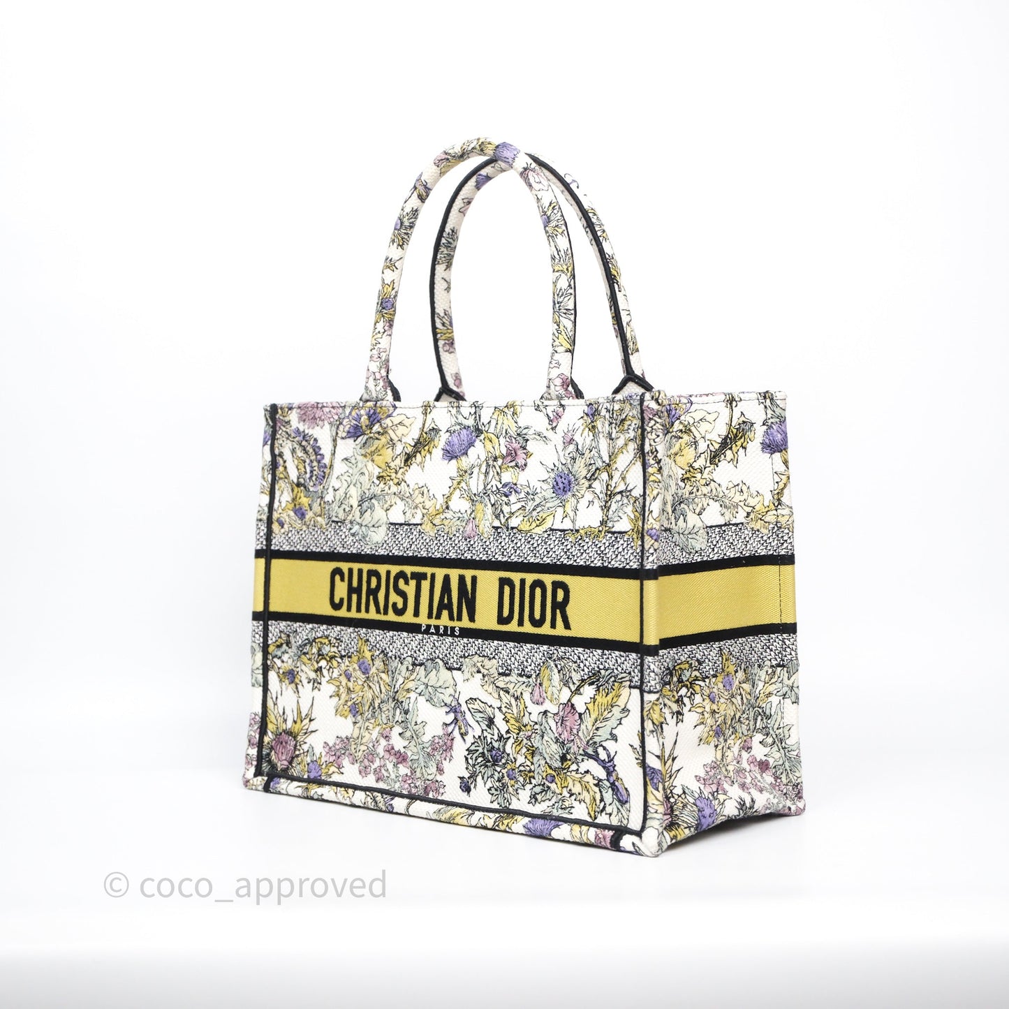Christian Dior Medium (Old Small) Book Tote Latte Embroidery with Yellow Multicolor Dior Chardons Motif