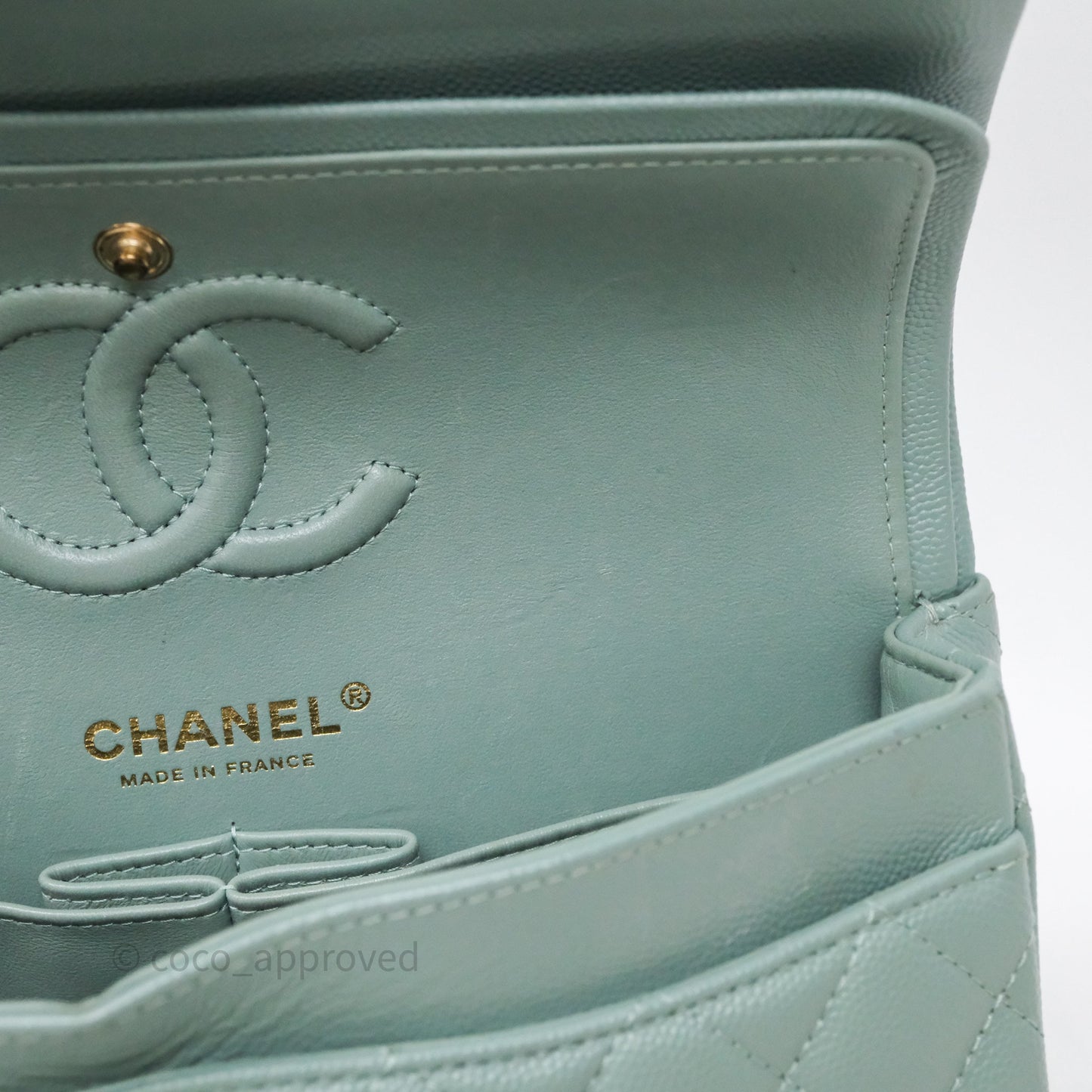 Chanel Small Quilted Classic Flap Tiffany Green Cavier Gold Hardware