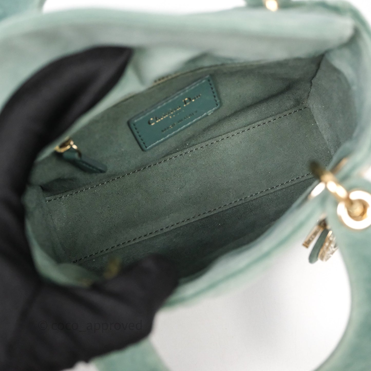 Christian Dior Mini Lady Dior Green Suede Cannage Gold Hardware