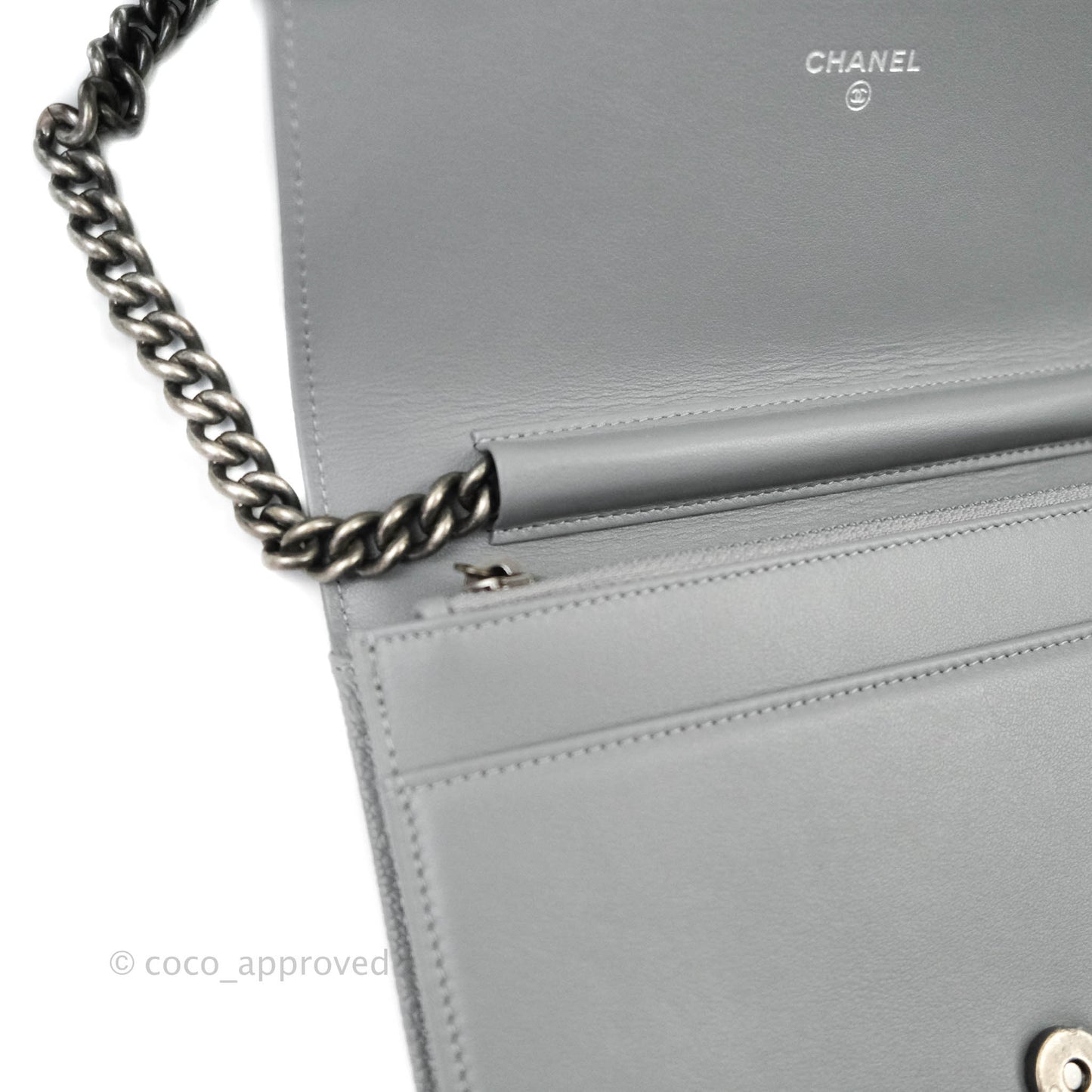 Chanel Chevron Boy Wallet on Chain WOC Grey Caviar Ruthenium Hardware