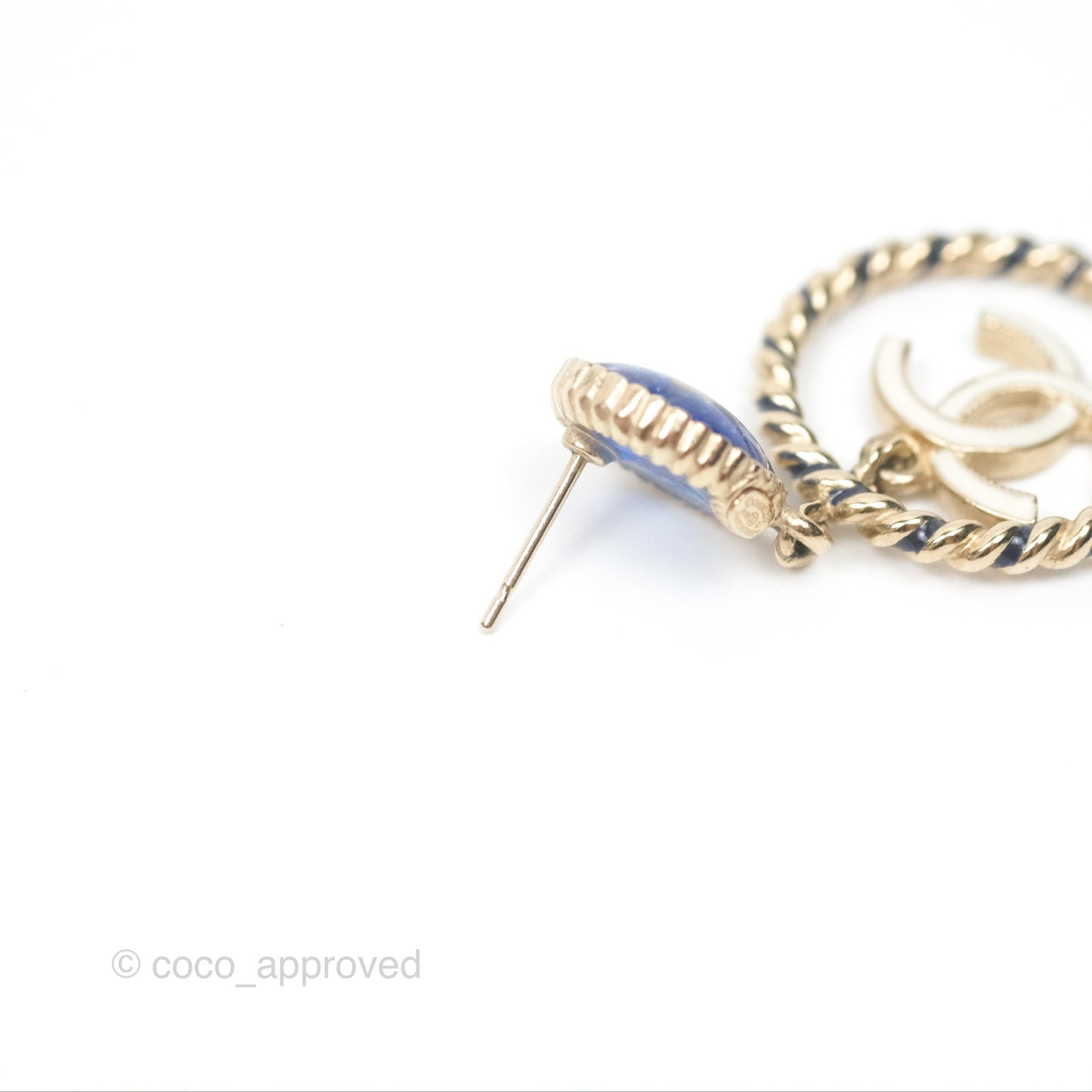 Chanel Round Blue Star Twist Circle White CC Drop Earrings Gold Tone 19C
