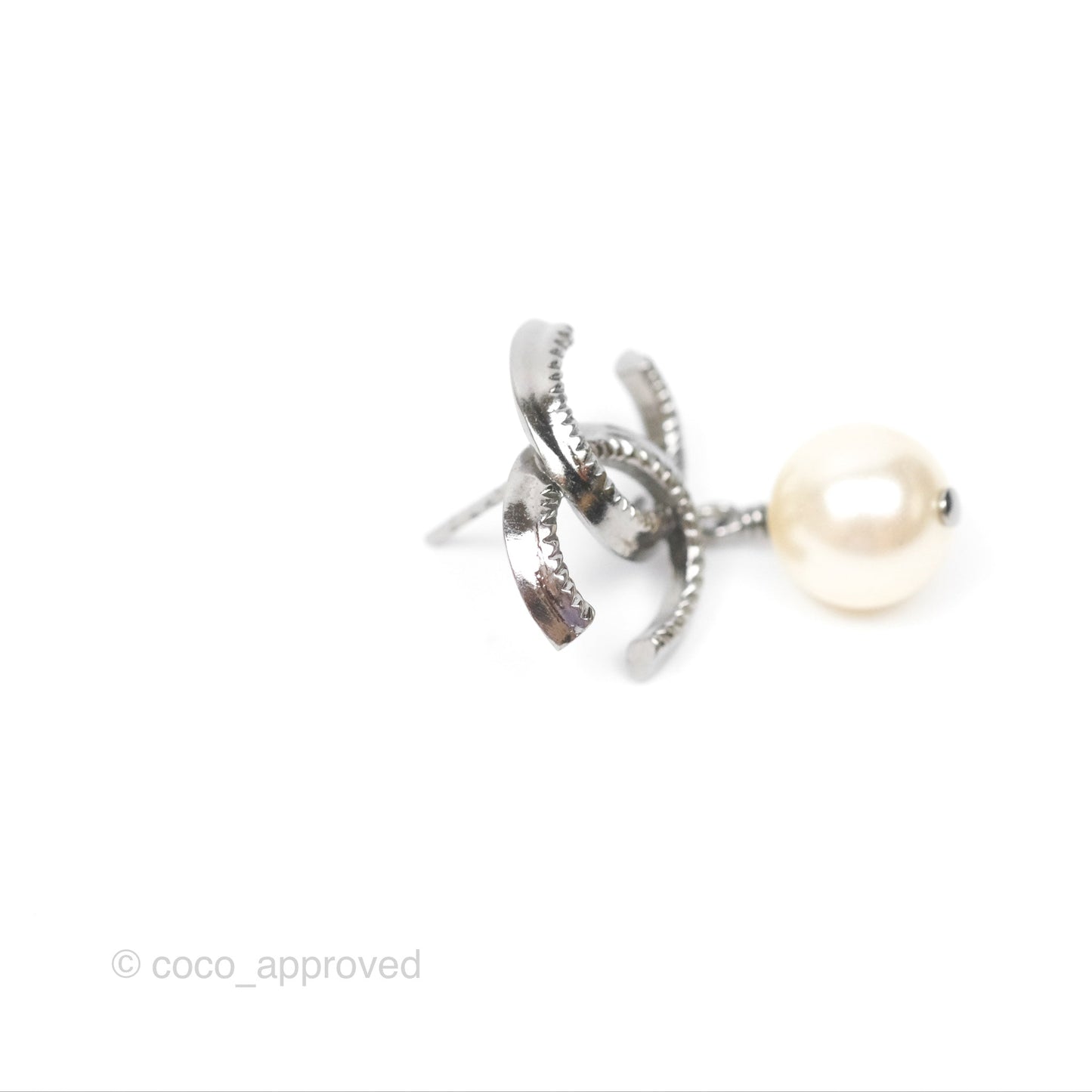 Chanel CC Pearl Drop Earrings Gun Metal 11A