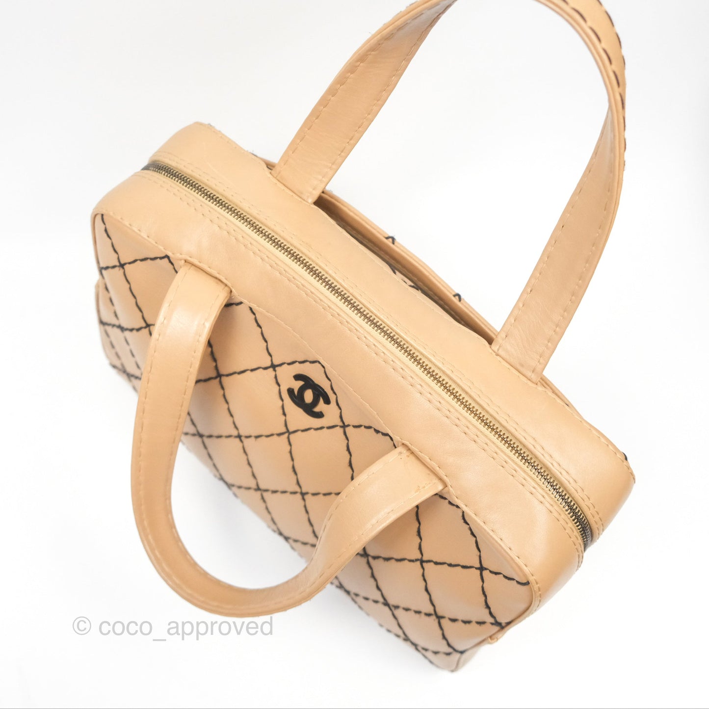 Chanel Contrast Stitch Surpique Bowler Bag Beige Calfskin Matte Black Hardware