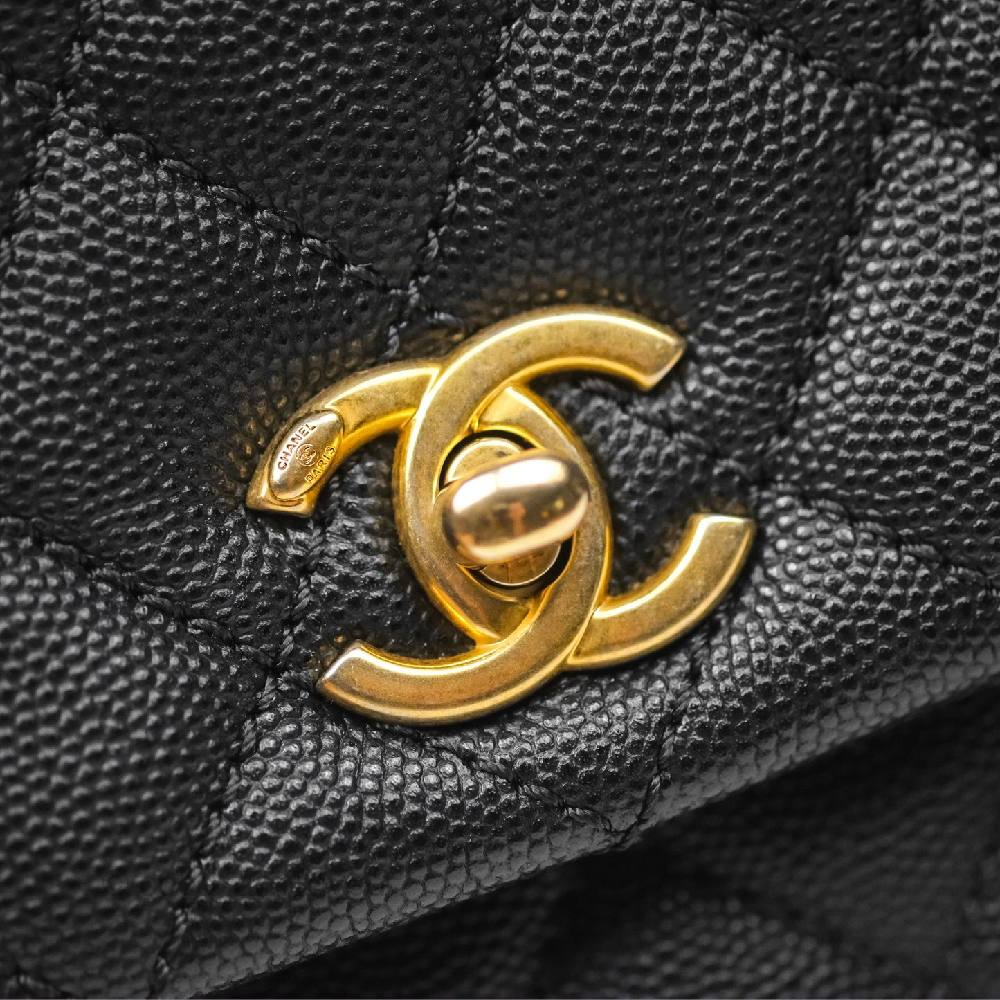 Chanel Small Coco Handle Quilted Black Caviar Aged Gold Hardware Lizard Handle
