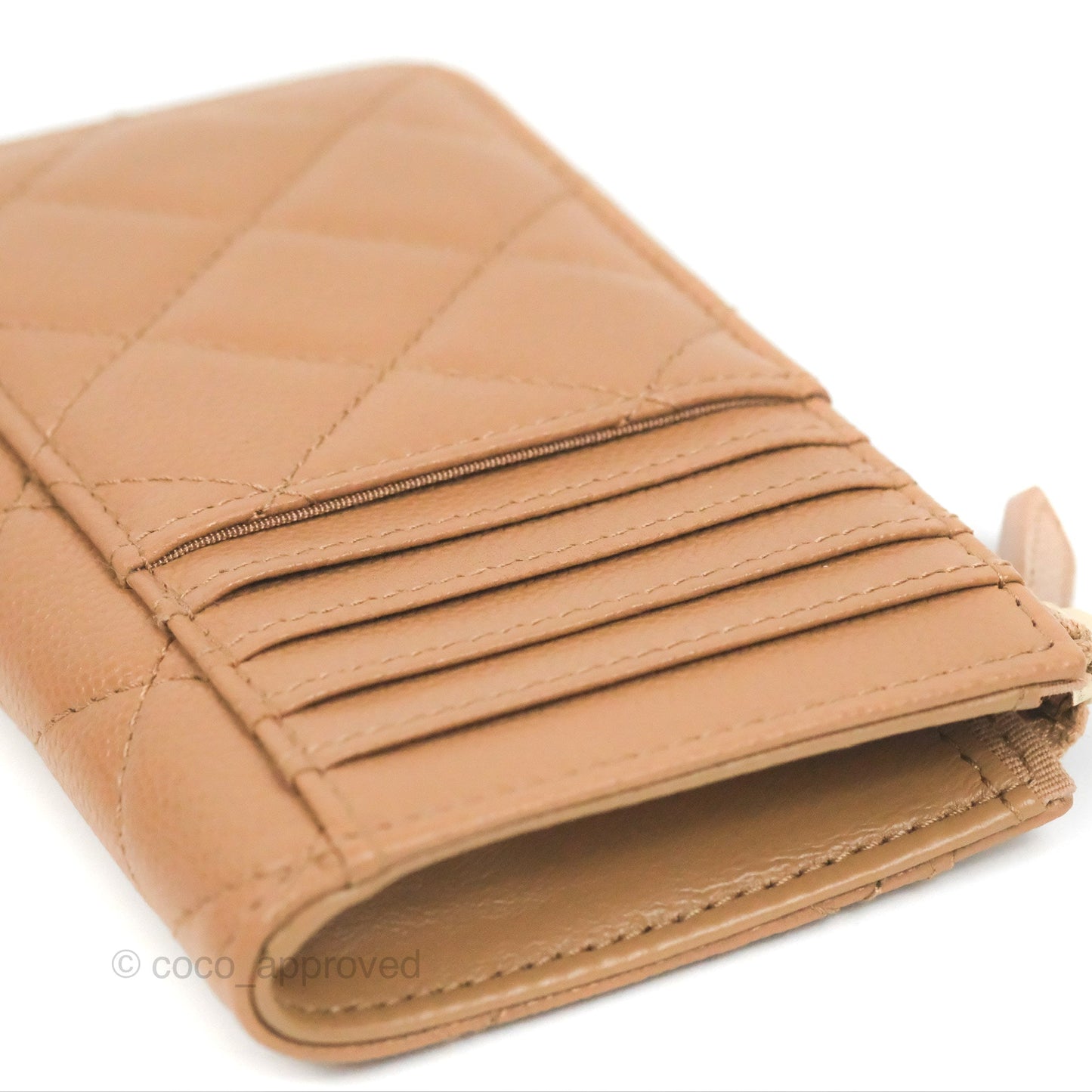 Chanel Quilted Zip Card Holder Dark Beige Caviar Gold Hardware 23S