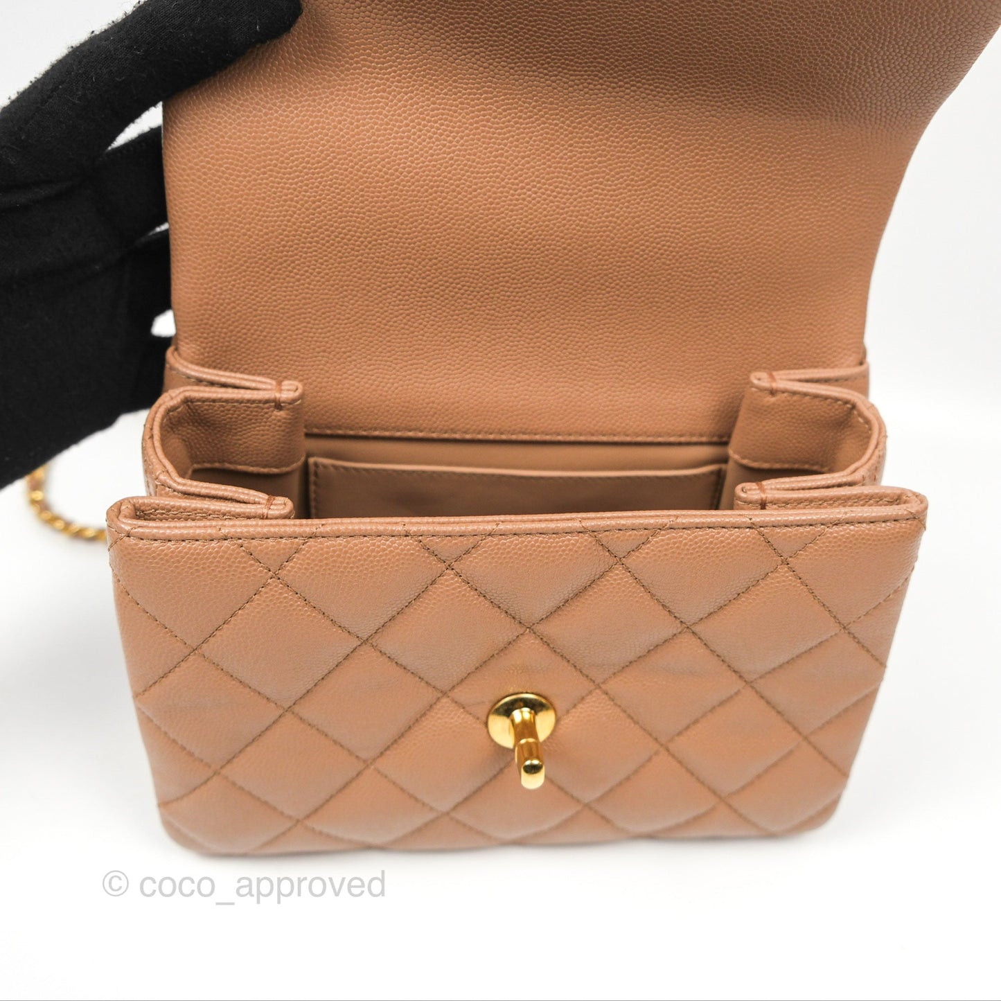 Chanel Coco First CC Chain Flap Bag Dark Beige Caviar Aged Gold Hardware