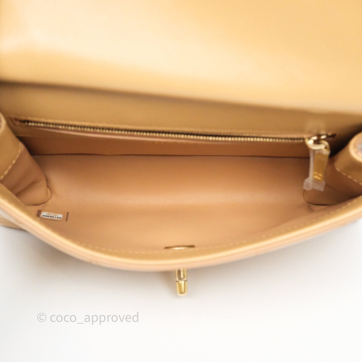 Chanel Small Coco Luxe Flap Bag Caramel Beige Calfskin Aged Gold Hardware