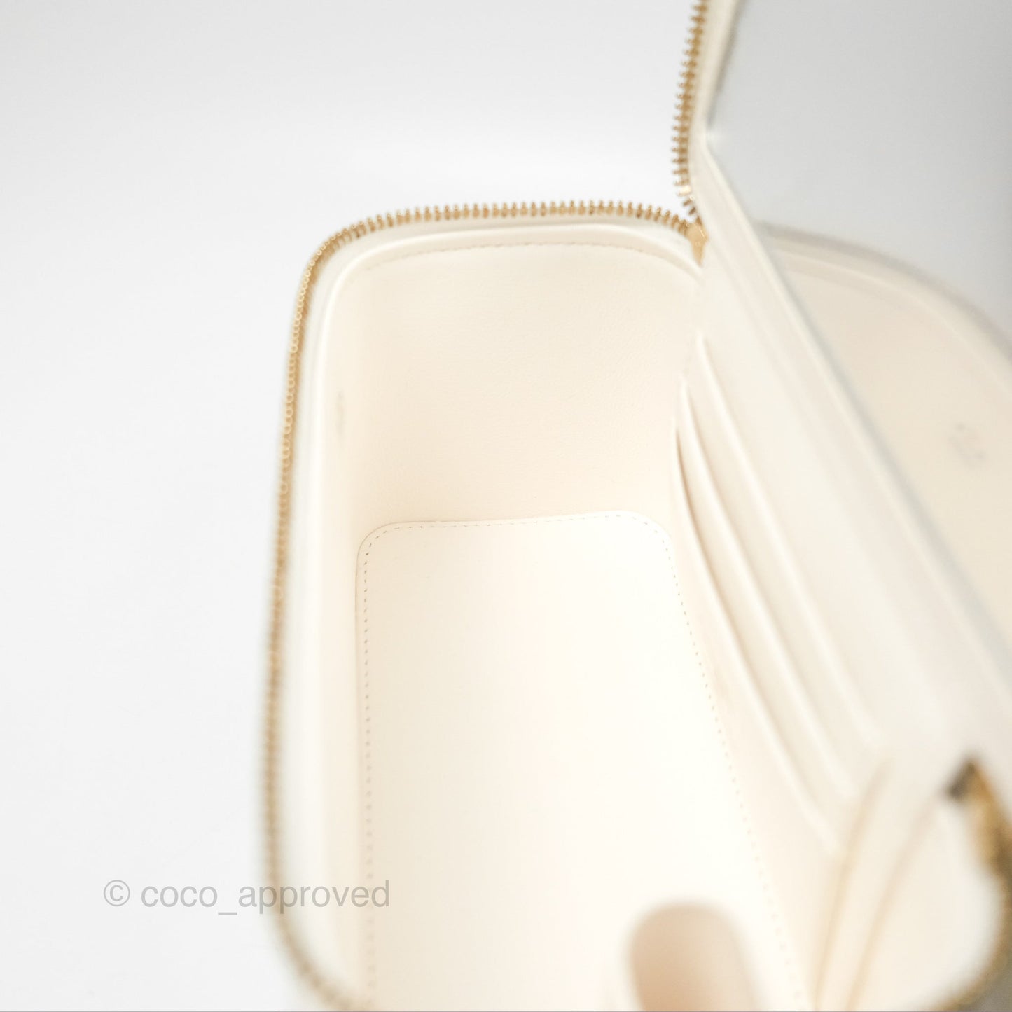 Chanel Vanity with Heart Adjustable Chain White Caviar Aged Gold Hardware