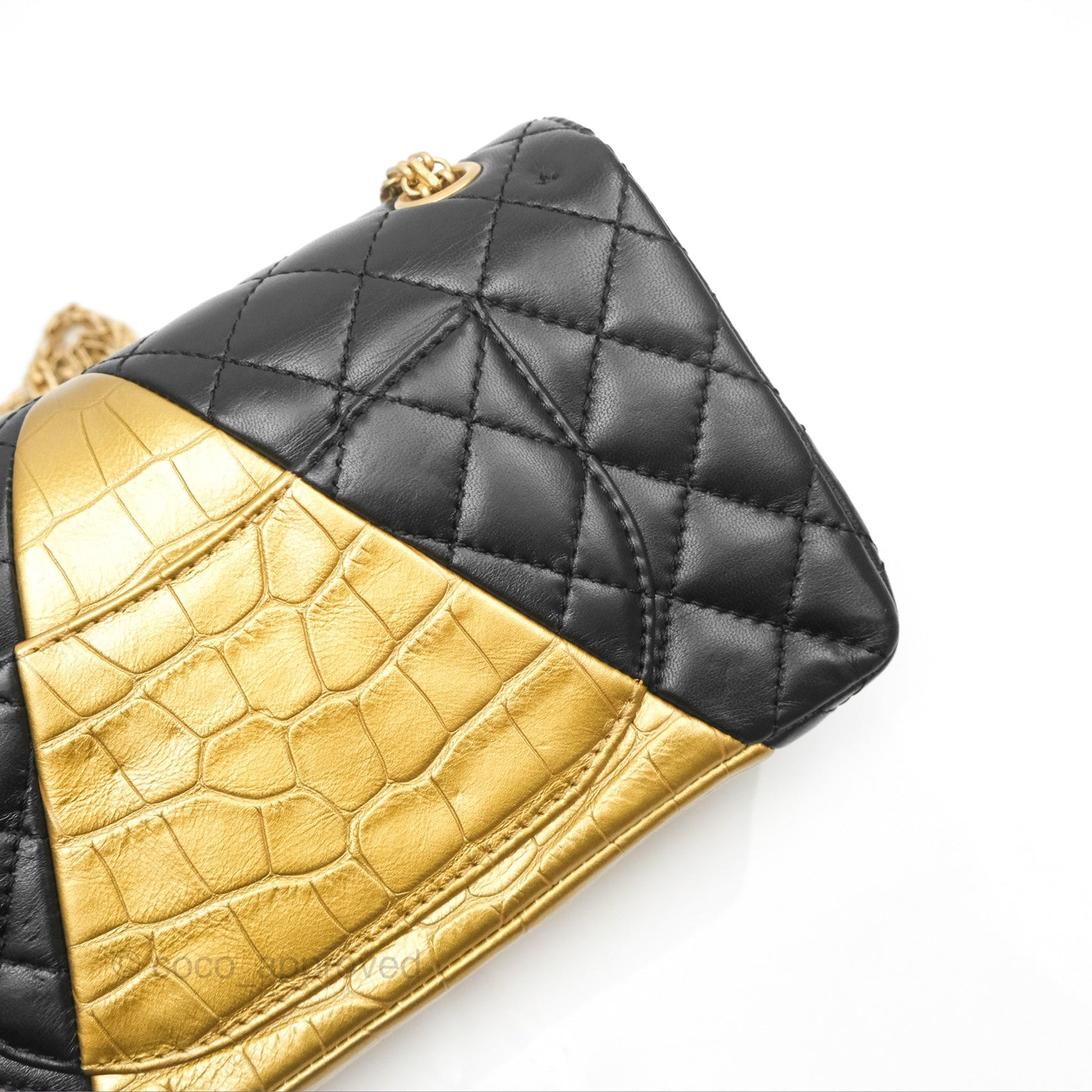 Chanel Reissue 2.55 Metallic Gold Crocodile Embossed Calfskin And Black Quilted Lambskin Aged Gold Hardware