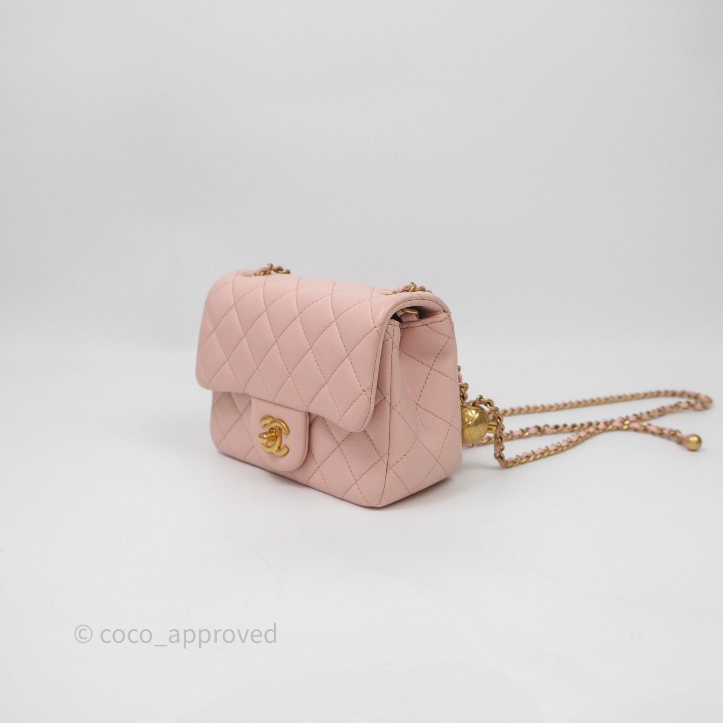 Chanel Pearl Crush Mini Square Quilted Pink Lambskin Aged Gold Hardware