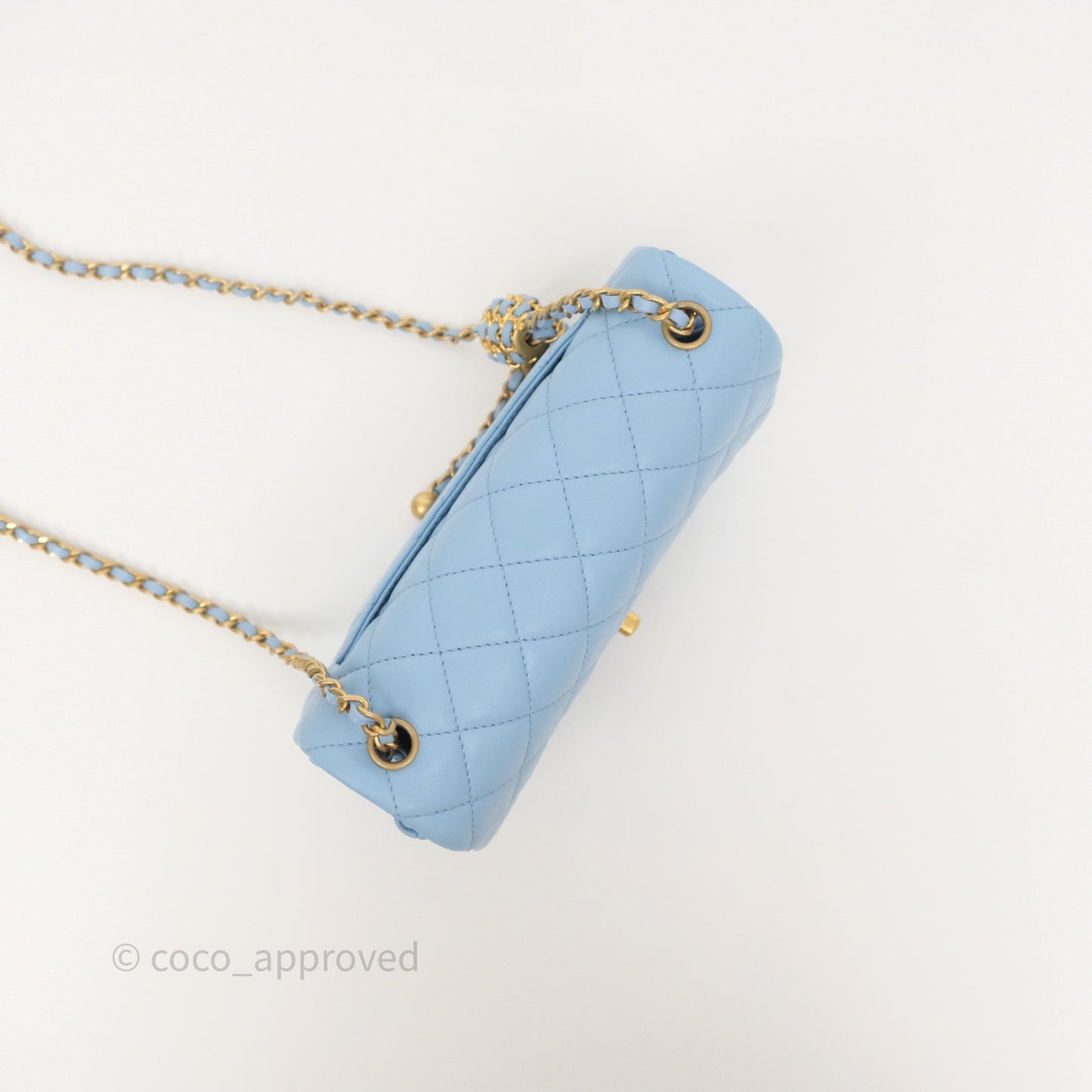 Chanel Mini Rectangular Pearl Crush Quilted Sky Blue Lambskin Aged Gold Hardware