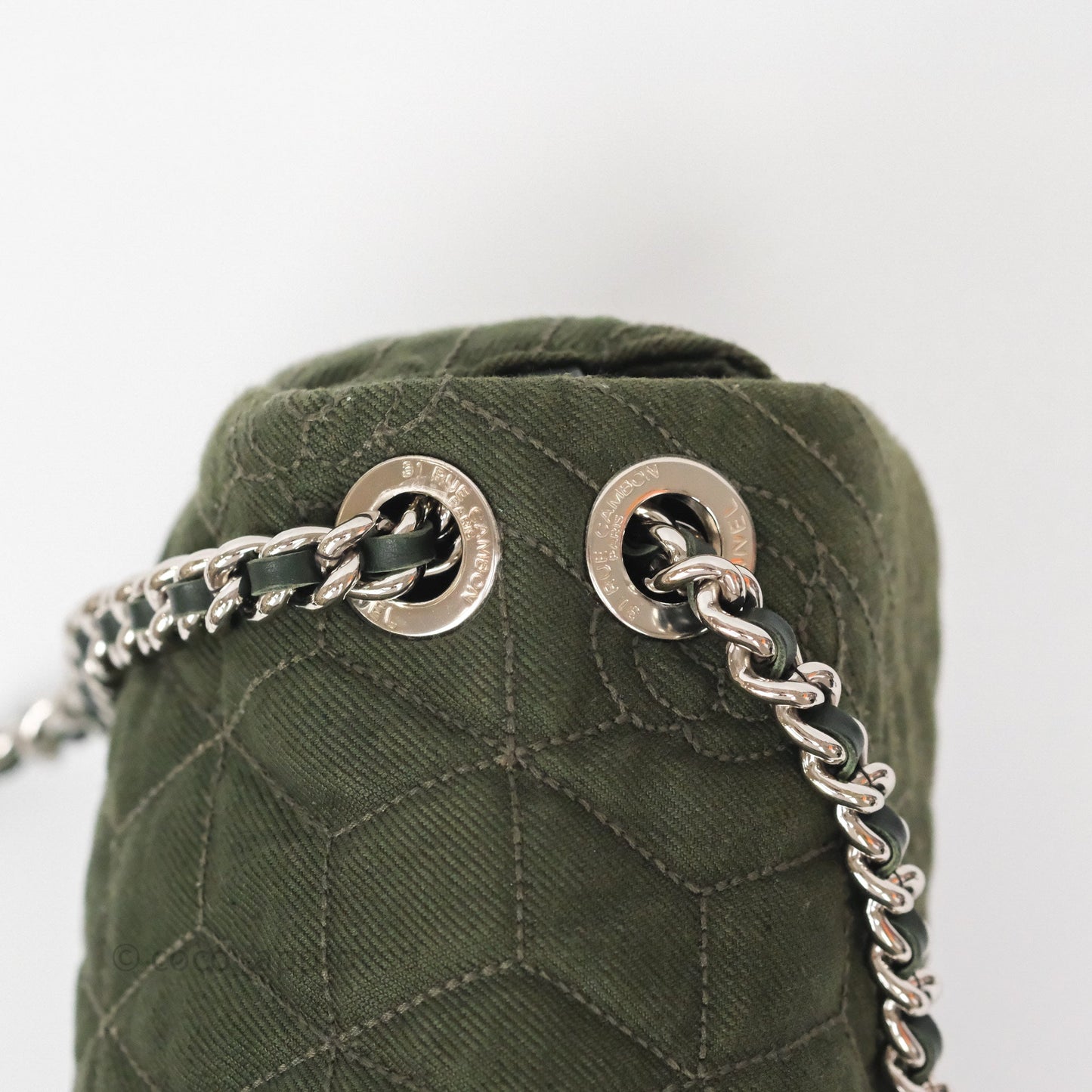 Chanel Camellia Flap Bag Army Green Denim Silver Hardware
