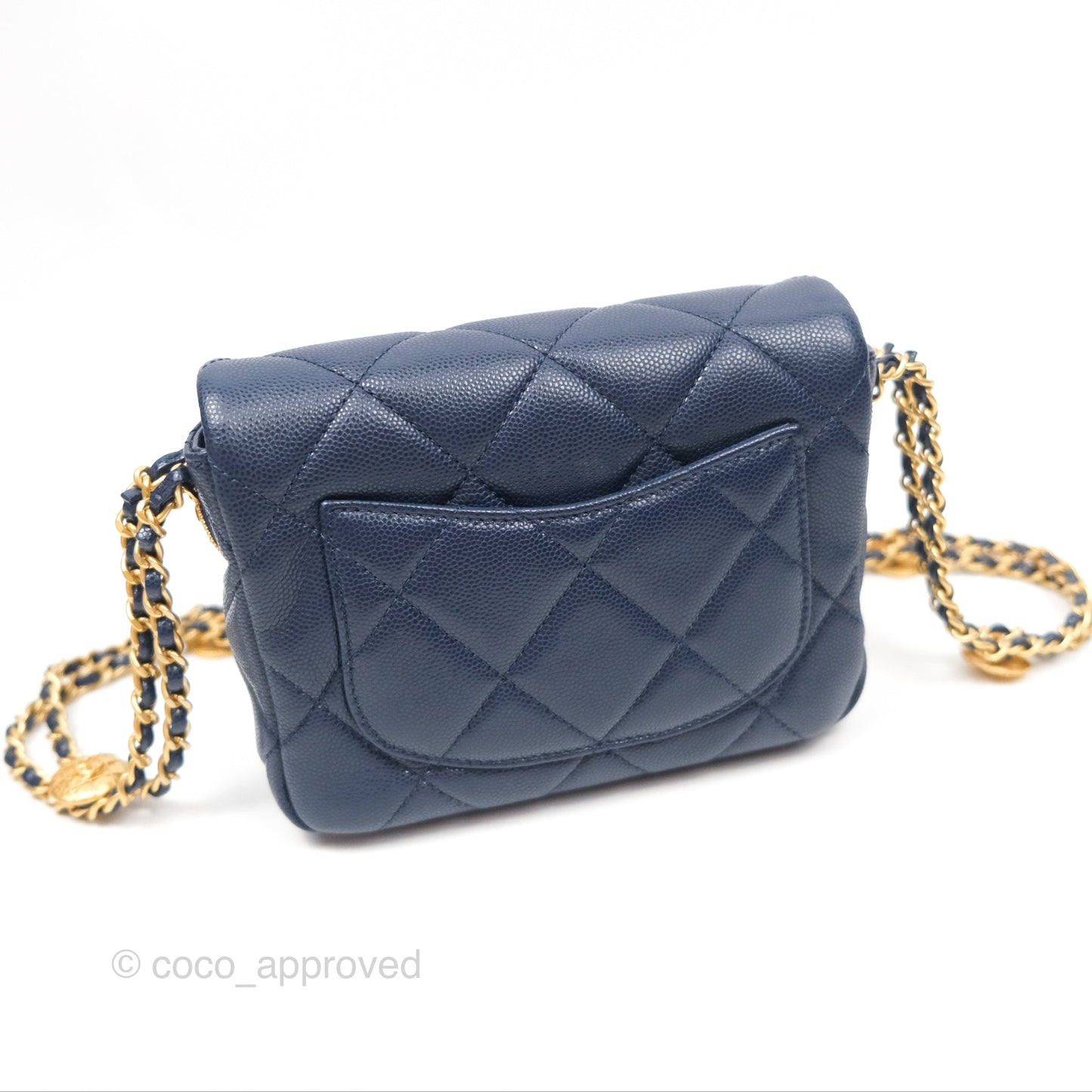 Chanel Mini Flap with Coin Charm Navy Caviar Aged Gold Hardware 22A