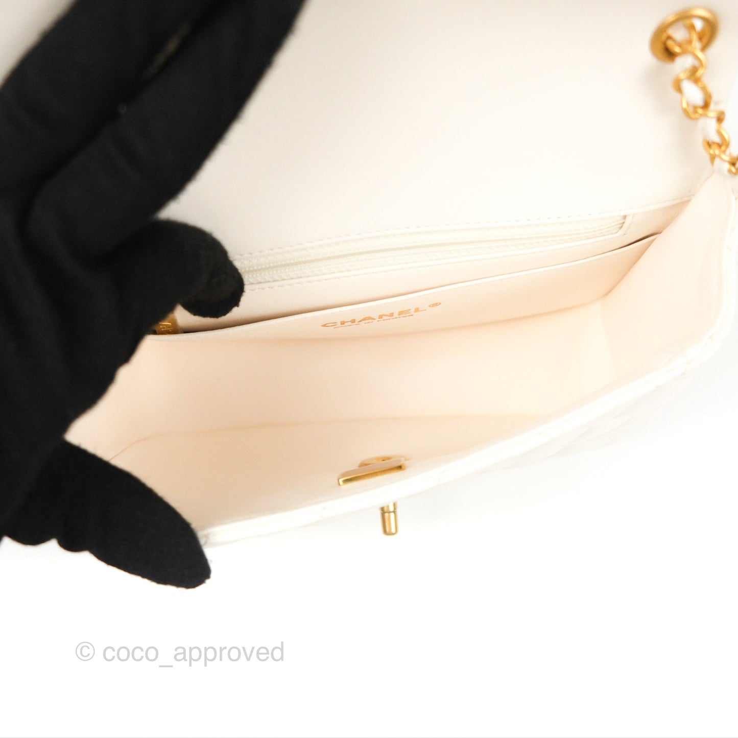 Chanel Mini Flap Bag with Coco Heart Chain White Lambskin Aged Gold Hardware