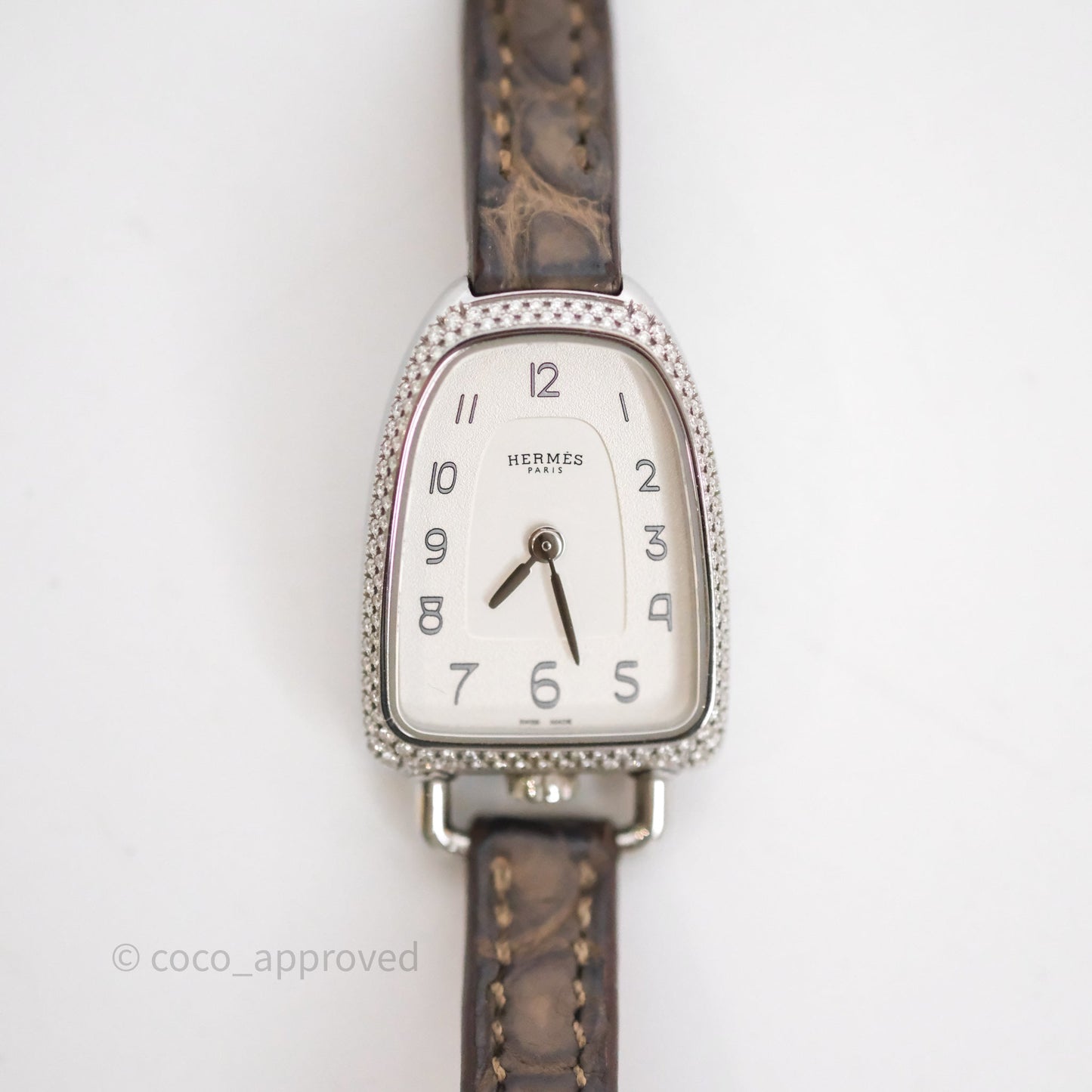 Hermès Galop d'Hermès Watch Medium Model 32MM Diamond Etoupe Alligator Palladium Hardware
