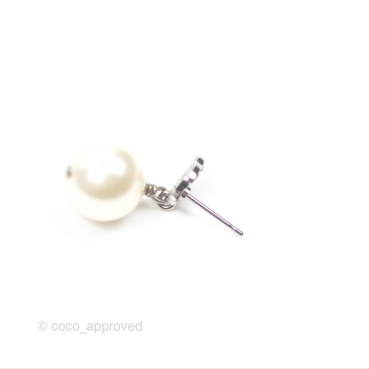Chanel CC Crystal Pearl Drop Earrings Silver Tone 23V