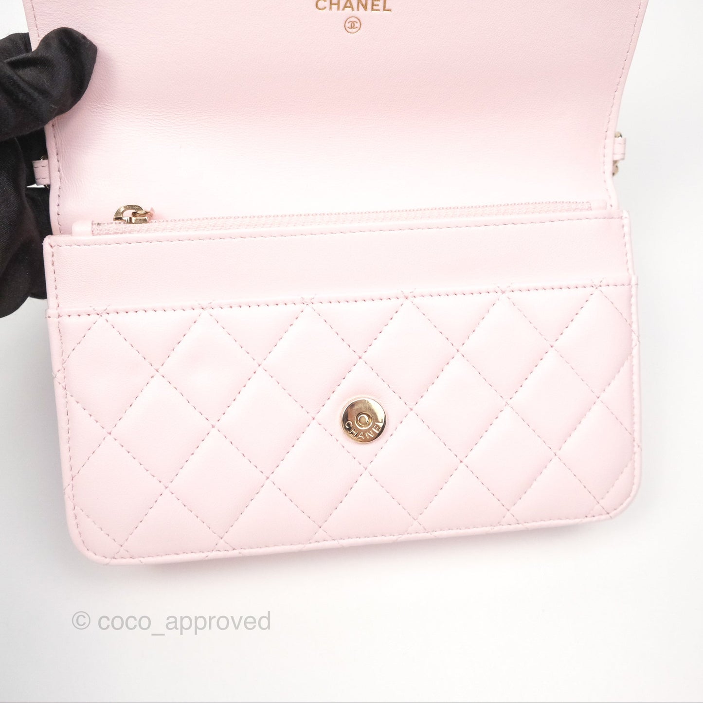 Chanel Wallet On Chain WOC Pearl Chain Iridescent Light Pink Lambskin Gold Hardware