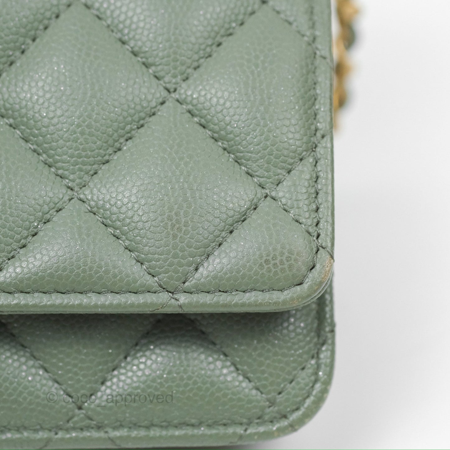 Chanel Classic Quilted Wallet On Chain WOC Glitter Dark Tiffany Green Caviar Aged Gold Hardware