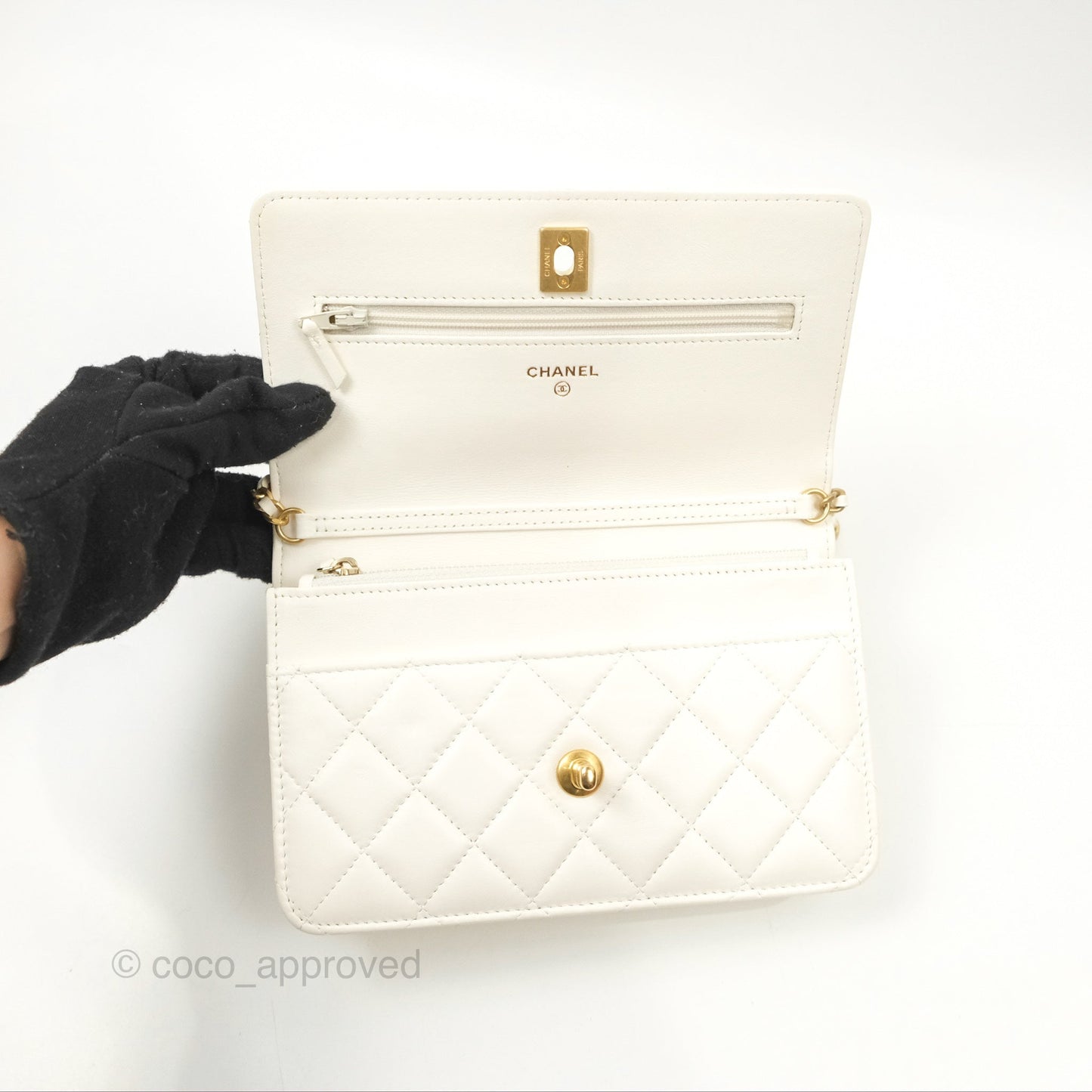Chanel Quilted Pearl Crush Wallet on Chain WOC White Lambskin Aged Gold Hardware