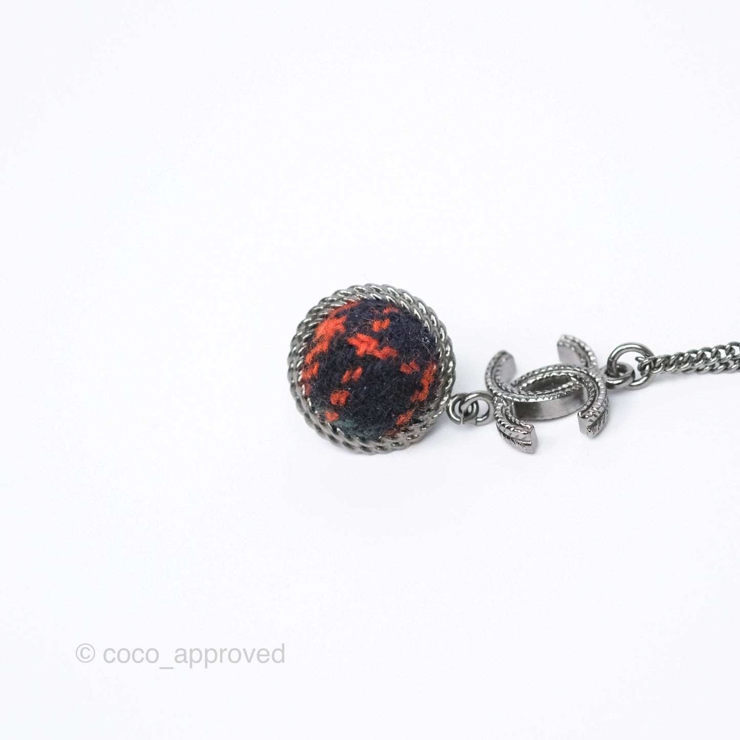 Chanel CC Fabric Sphere Pendant Necklace Gun Metal 13A