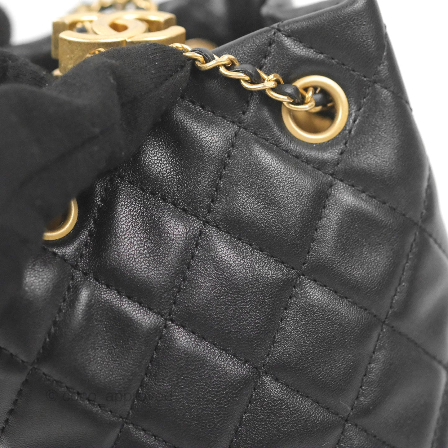 Chanel Pearl Crush Bucket Bag Black Lambskin Aged Gold Hardware