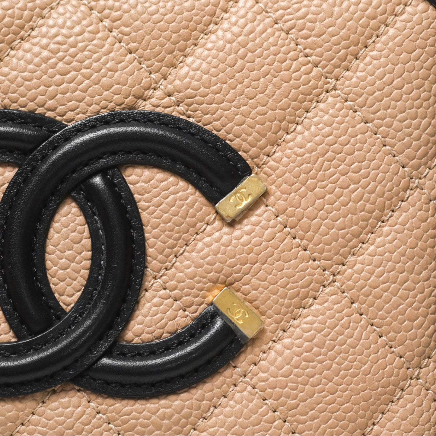 Chanel Quilted Small CC Filigree Vanity Case Beige Black Caviar Gold Hardware