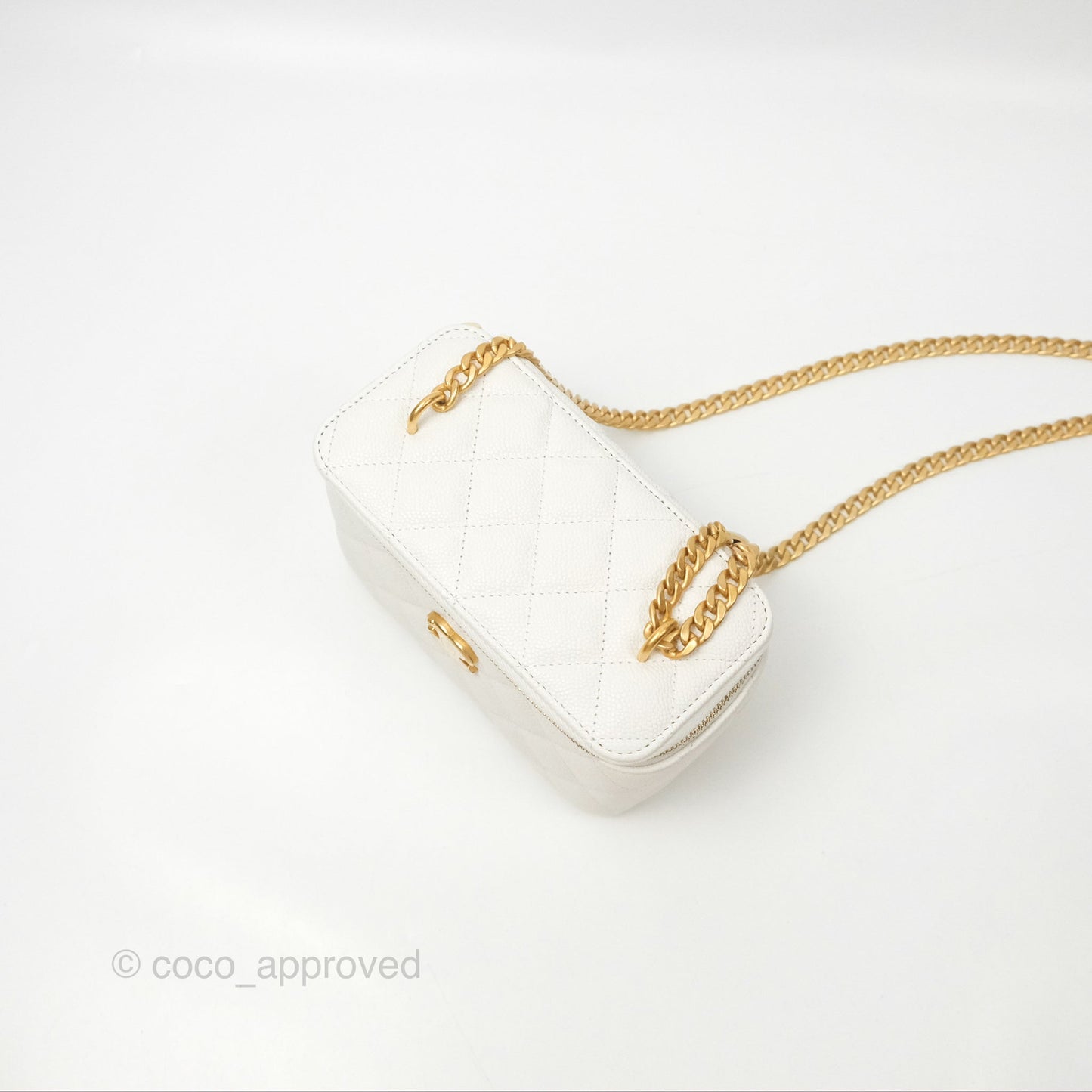 Chanel Vanity with Heart Adjustable Chain White Caviar Aged Gold Hardware