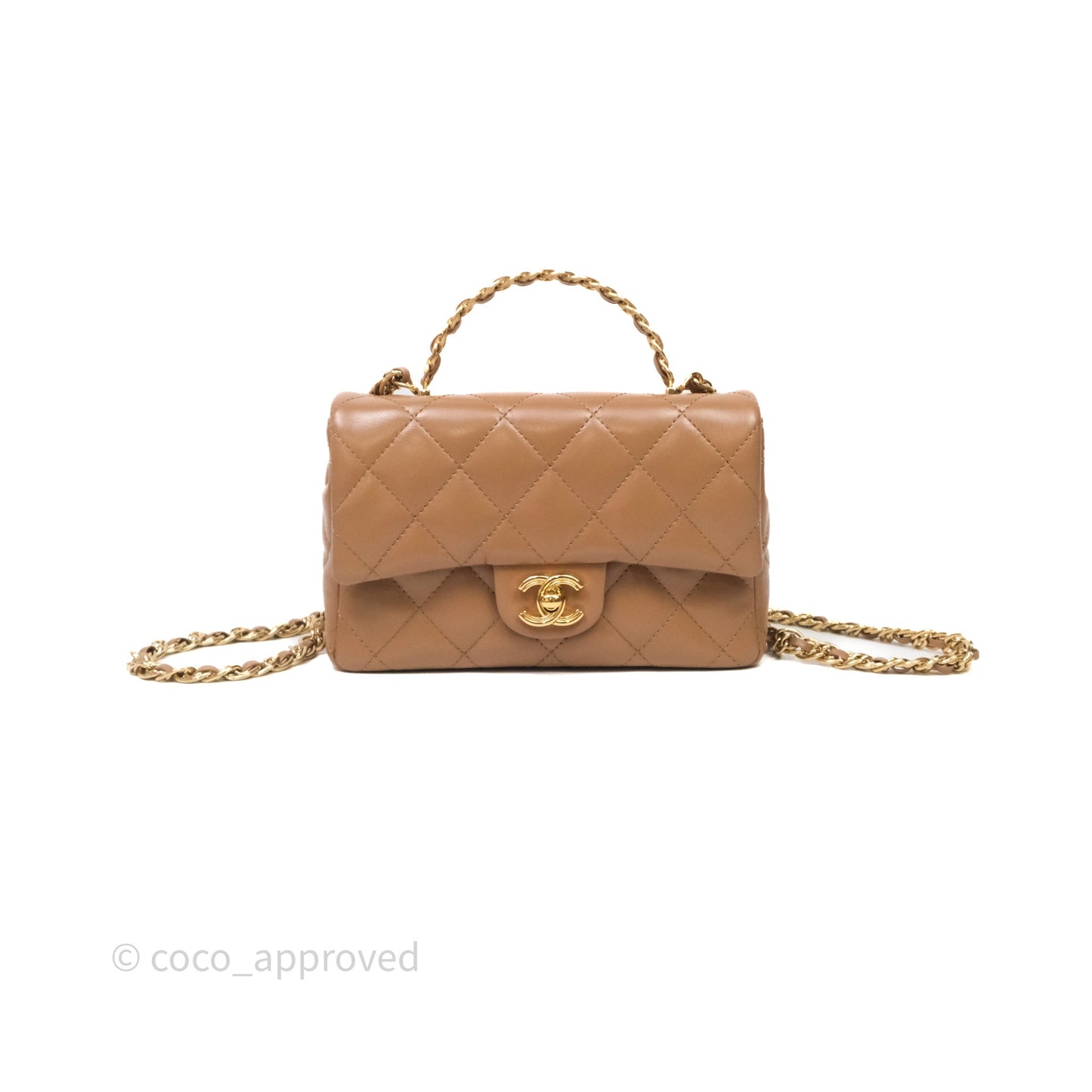 Chanel Top Handle Flap Bag Beige Lambskin Gold Hardware