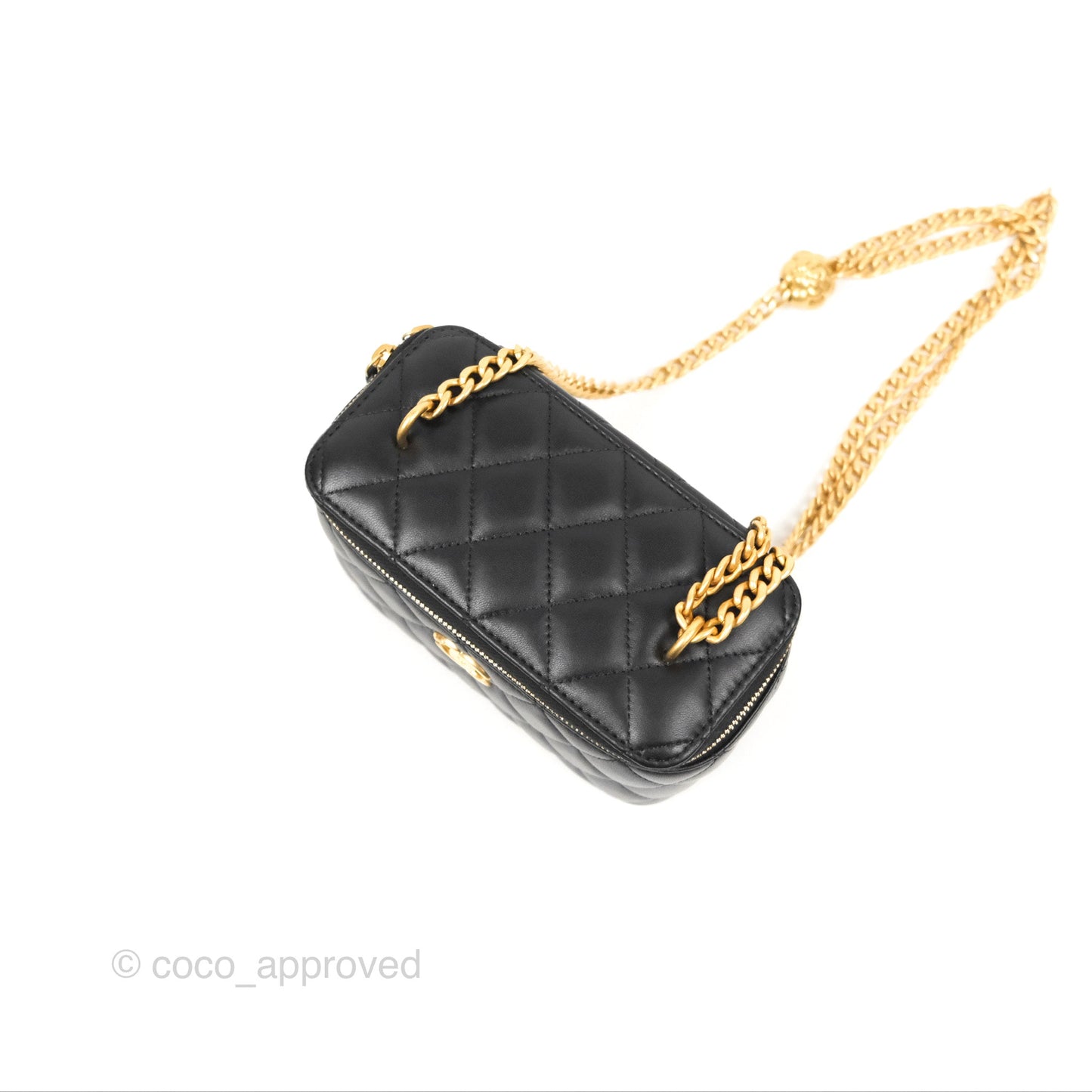 Chanel Quilted Vanity Rectangular with Camellia Adjustable Chain Black Lambskin 23S