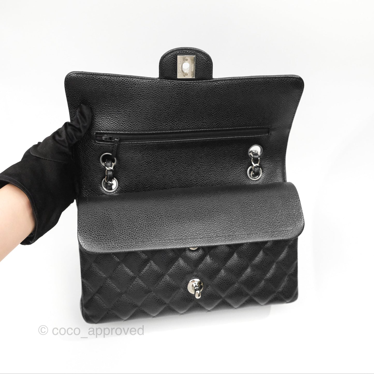 Chanel Classic M/L Medium Flap Quilted Black Caviar Silver Hardware