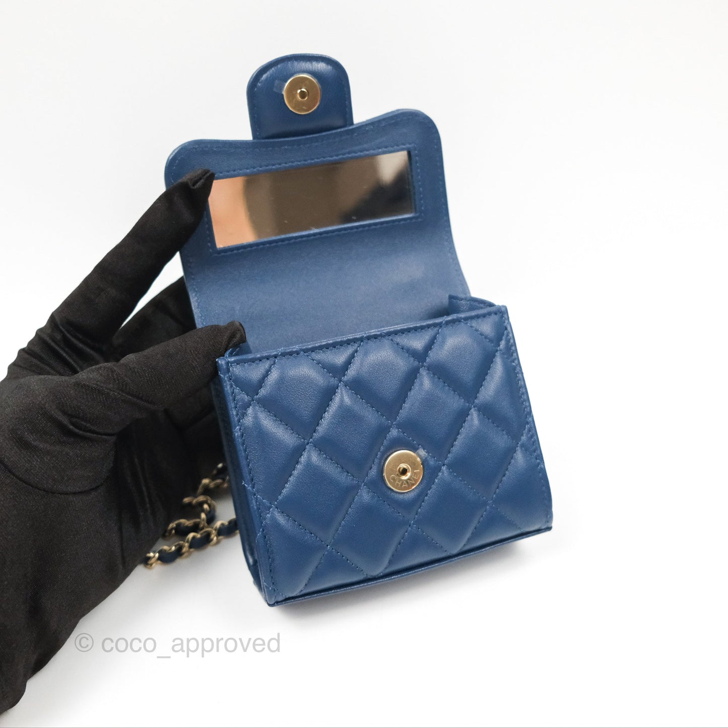 Chanel Mini Handle Clutch With Chain Navy Lambskin Gold Hardware