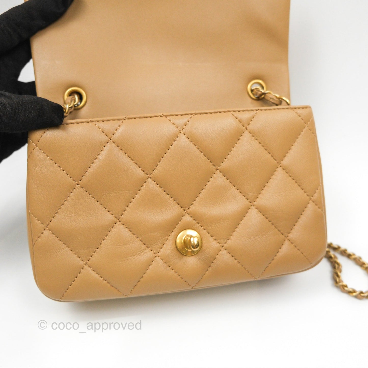 Chanel Mini Flap Bag With Heart CC Charm Dark Beige Lambskin Aged Gold Hardware