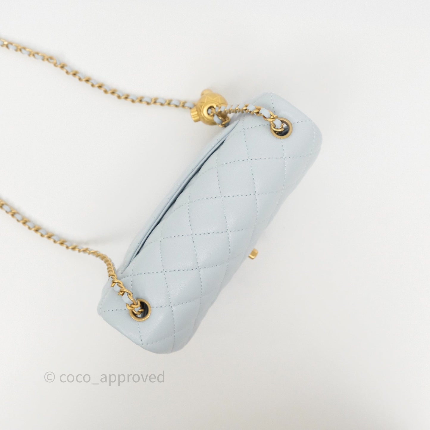 Chanel Pearl Crush Mini Rectangular Light Blue Lambskin Aged Gold Hardware