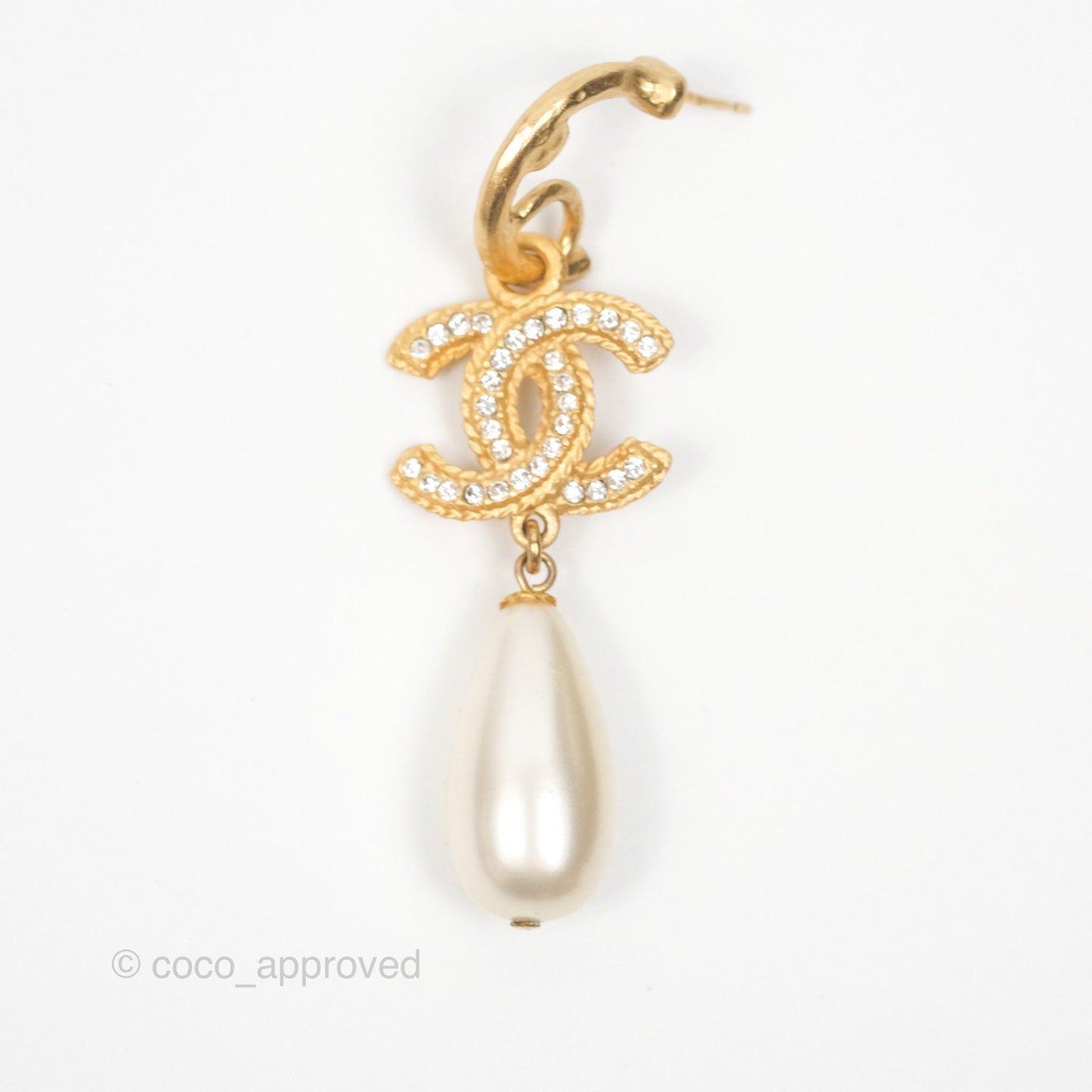 Chanel CC Crystal Pearl Drop Crystal Earrings Matte Gold Tone 20P