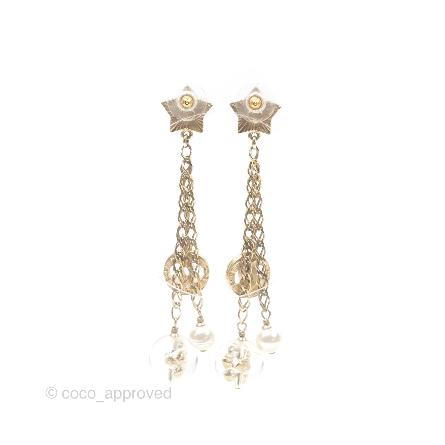 Chanel Star Crystal CC Pearl Ball Drop Earrings Gold Tone 19K