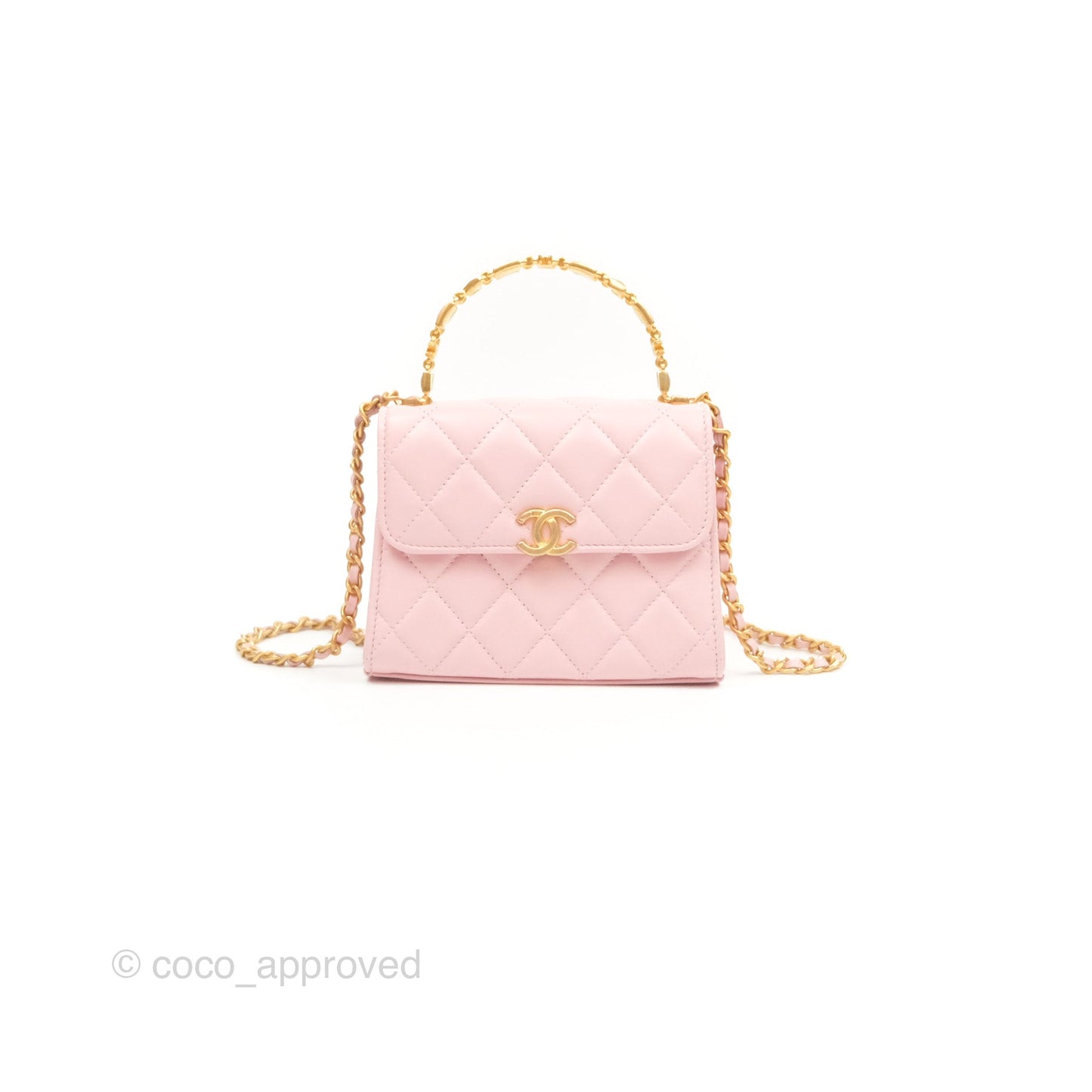 Chanel Enamel Top Handle Clutch with Chain Pink Lambskin Aged Gold Hardware 22B
