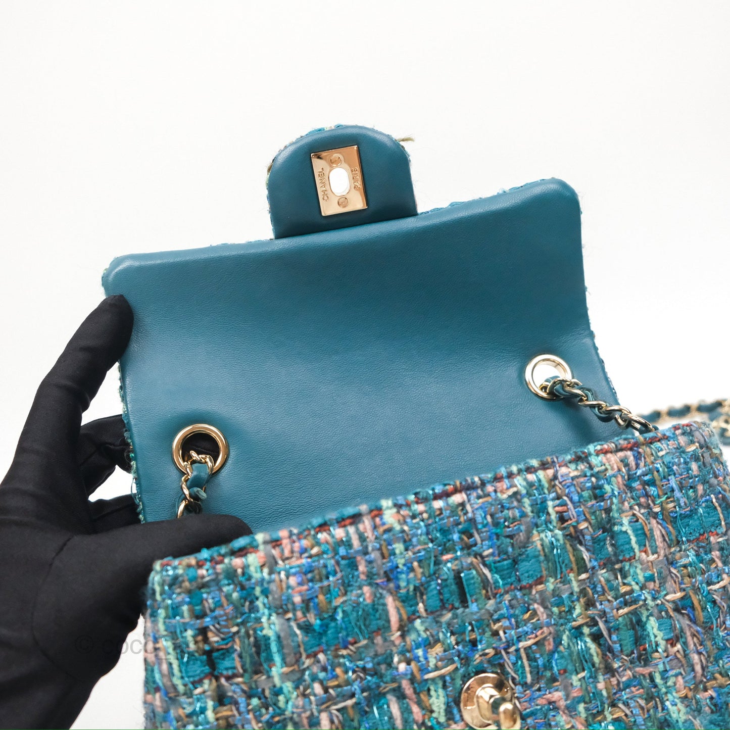 Chanel Mini Rectangular Flap Teal Tweed Gold Hardware