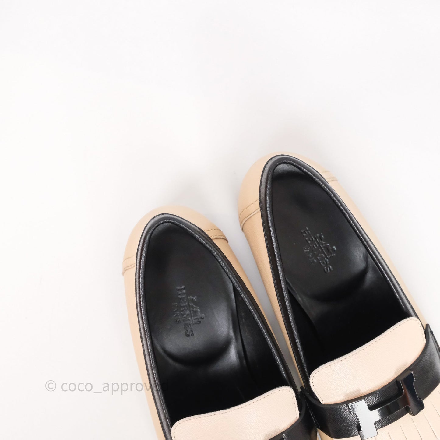 Hermès Royal Loafers Beige Calfskin Black/White Accents Size 37.5