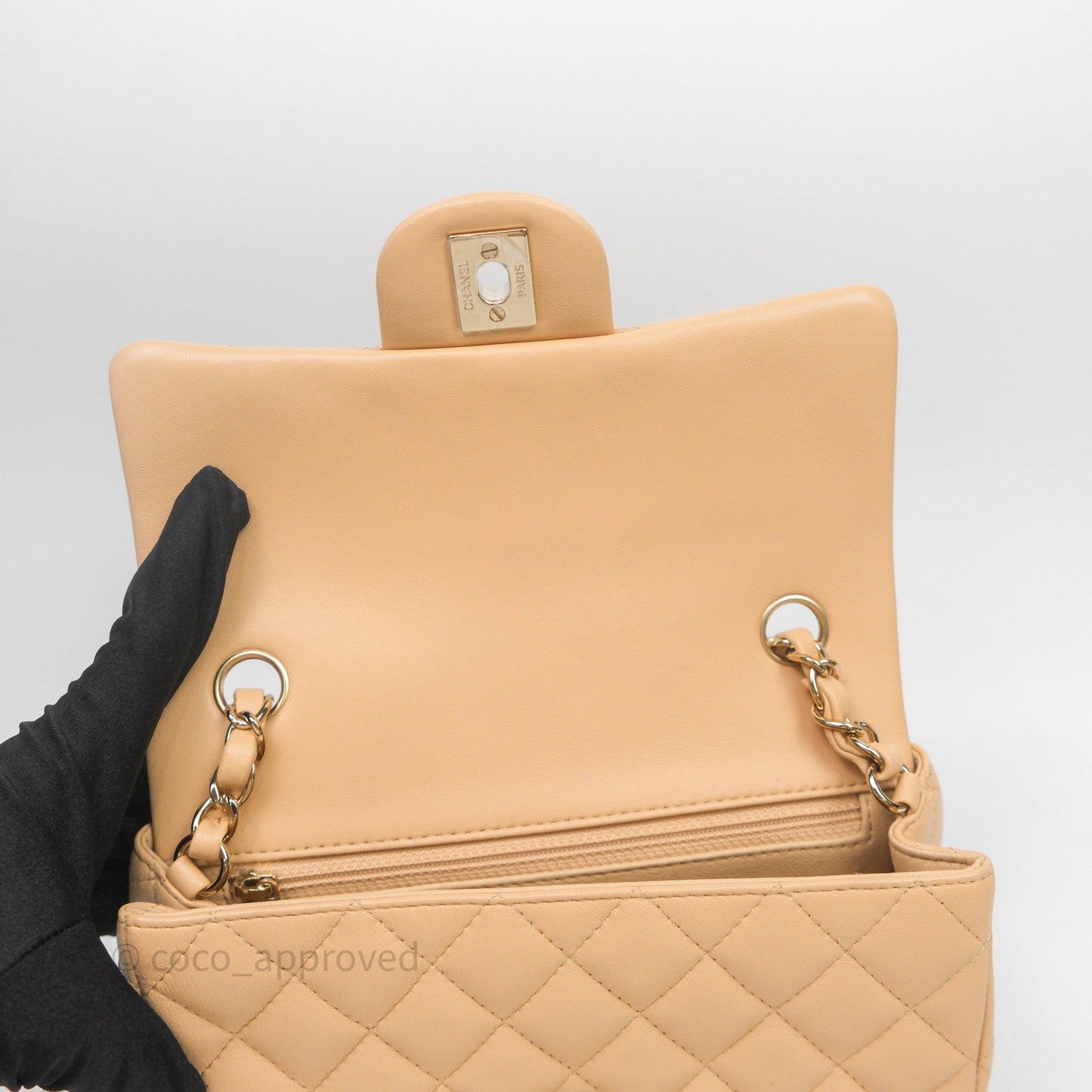 Chanel Mini Rectangular Quilted Beige Lambskin Light Gold Hardware