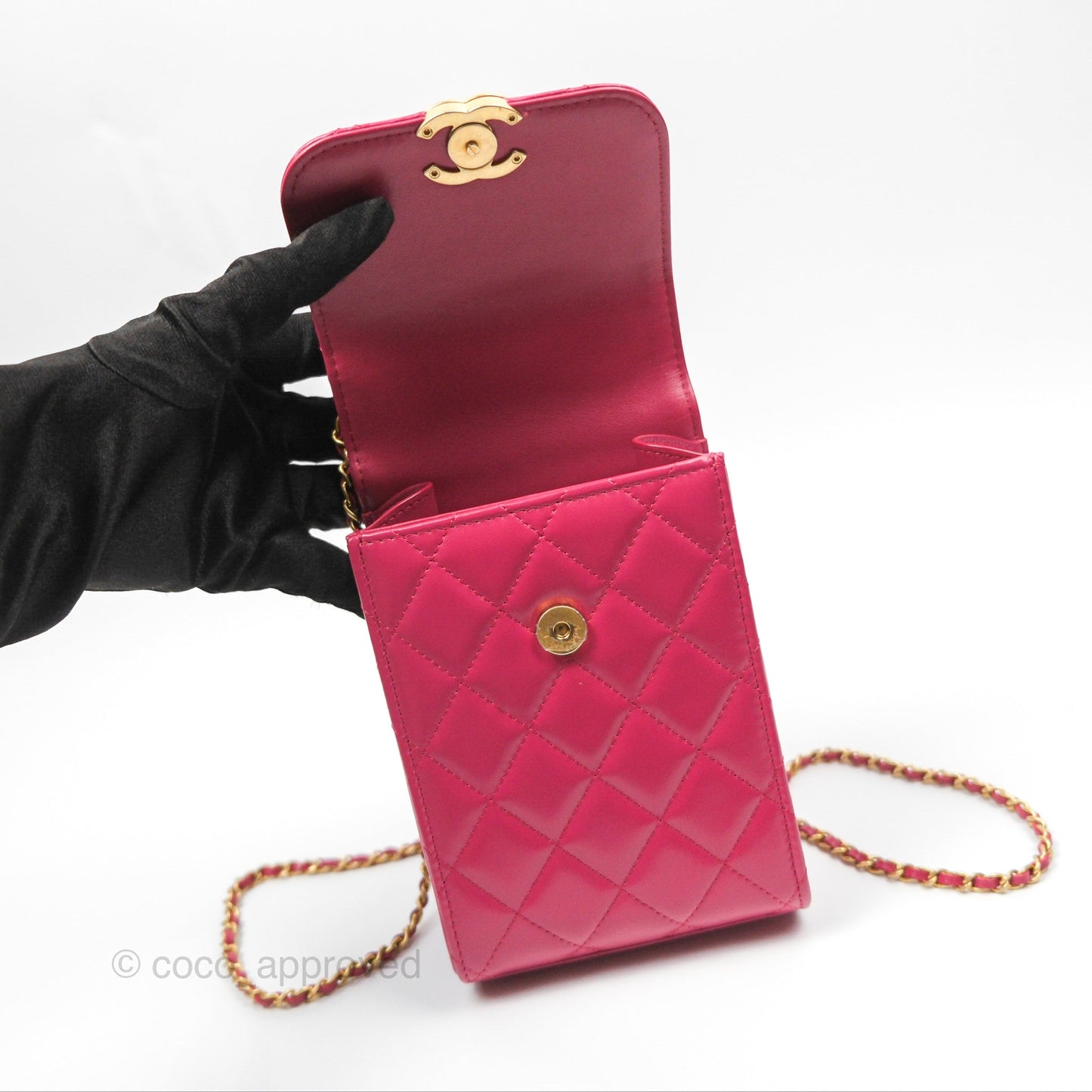 Chanel Quilted Perfect Fit Dark Pink Phone Holder Aged Gold Hardware