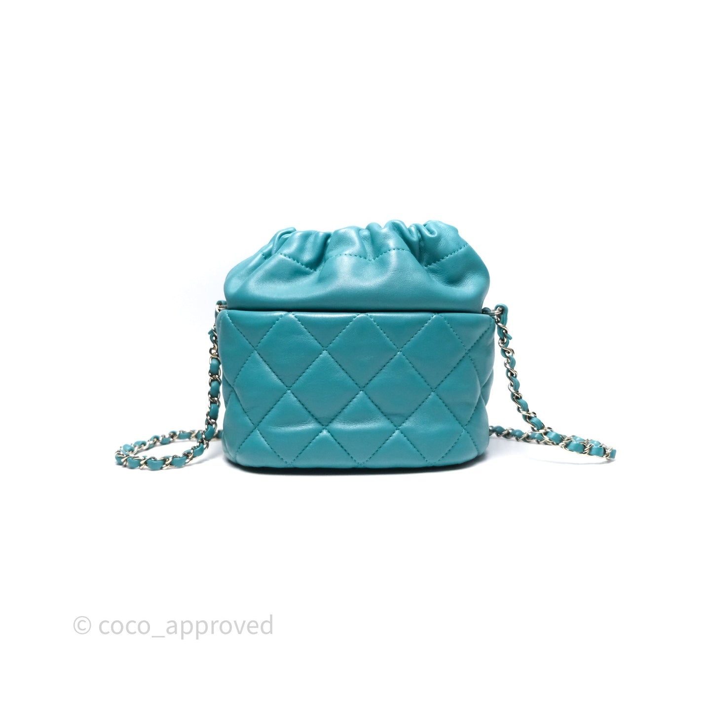 Chanel Pearl CC Drawstring Bucket Bag Teal Green Lambskin Gold Hardware