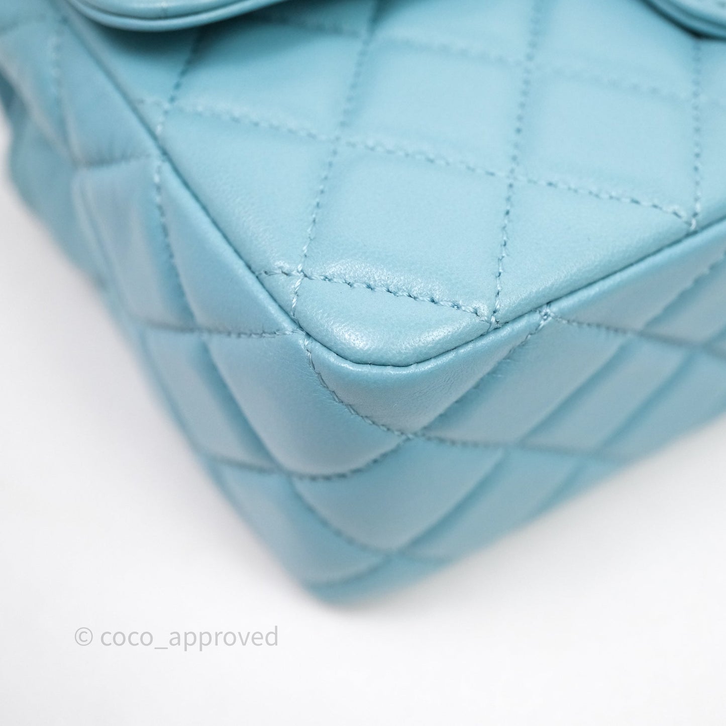 Chanel Flap Bag with Crystal Logo Top Handle Tiffany Blue Lambskin Aged Gold Hardware