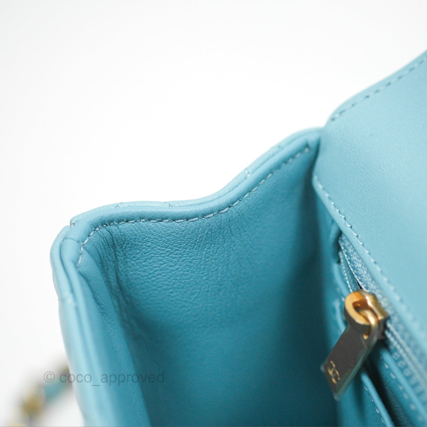 Chanel Flap Bag with Crystal Logo Top Handle Tiffany Blue Lambskin Aged Gold Hardware